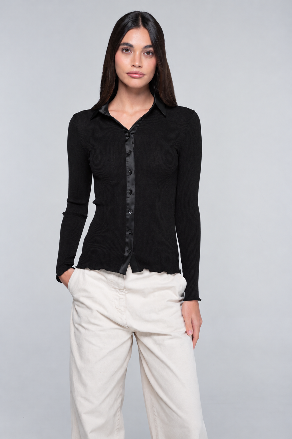 Wool and silk long sleeves shirt with satin details 6350