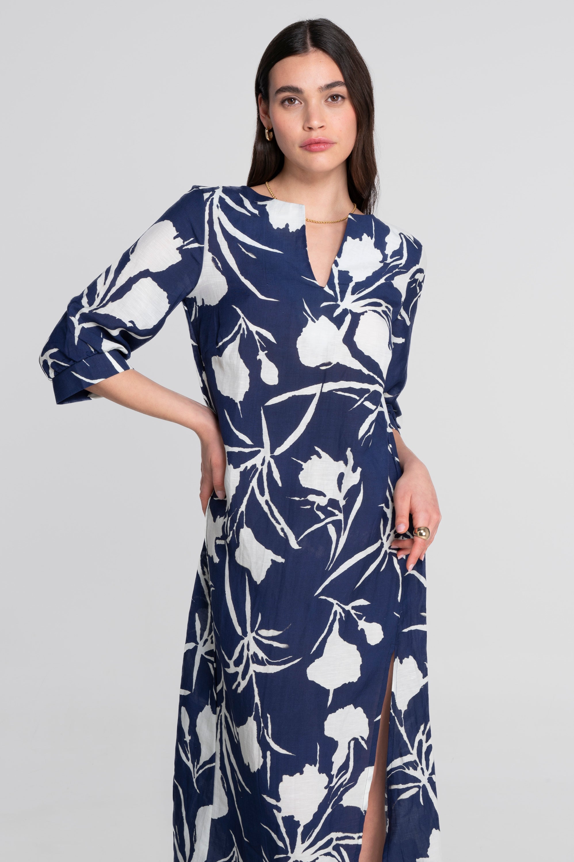 Kaftan-style printed linen-viscose dress 7555VL