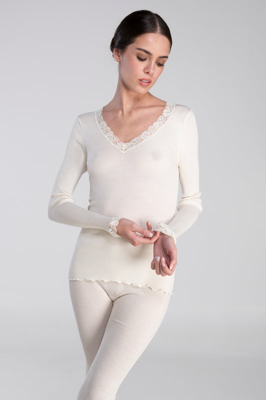 Wool and silk long sleeves shirt with leavers lace 3404