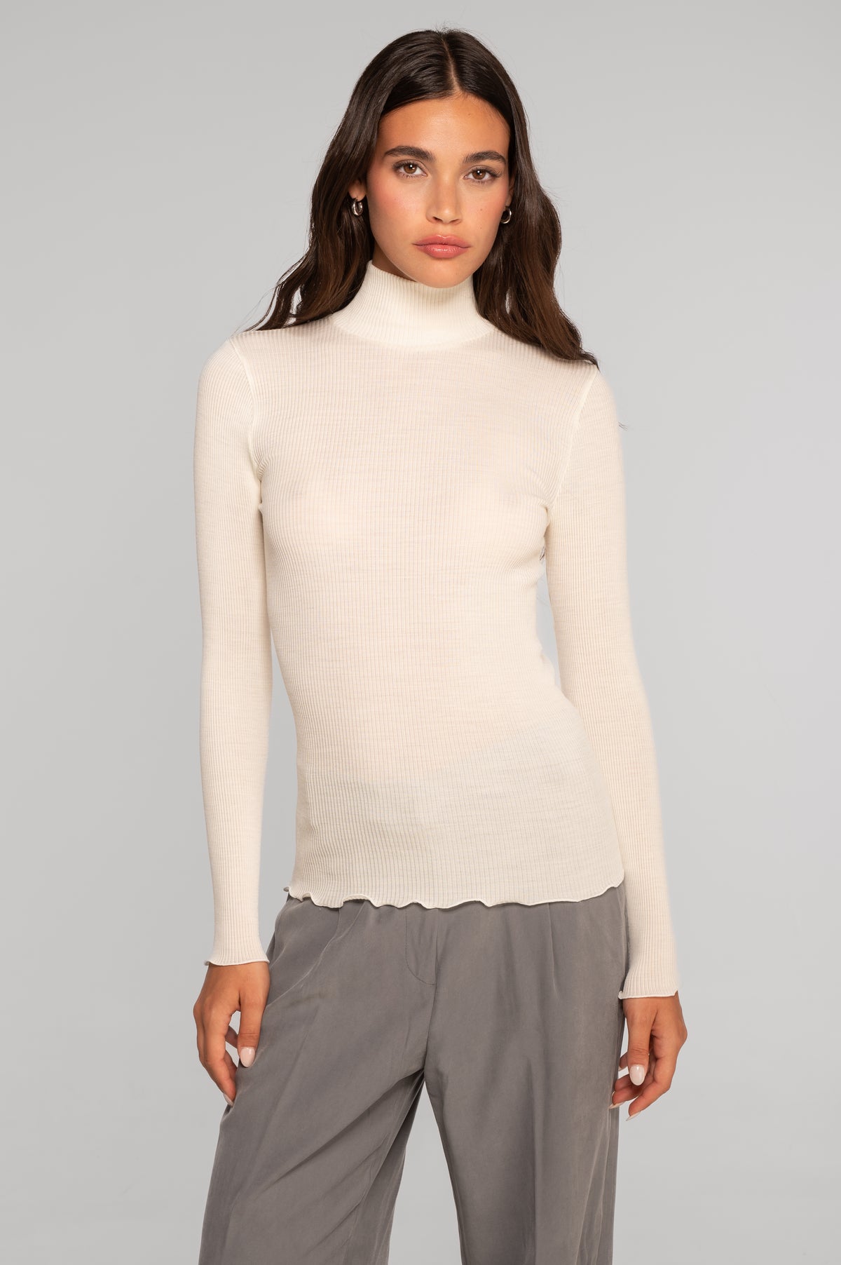 Wool and silk long sleeves mock neck shirt 3429