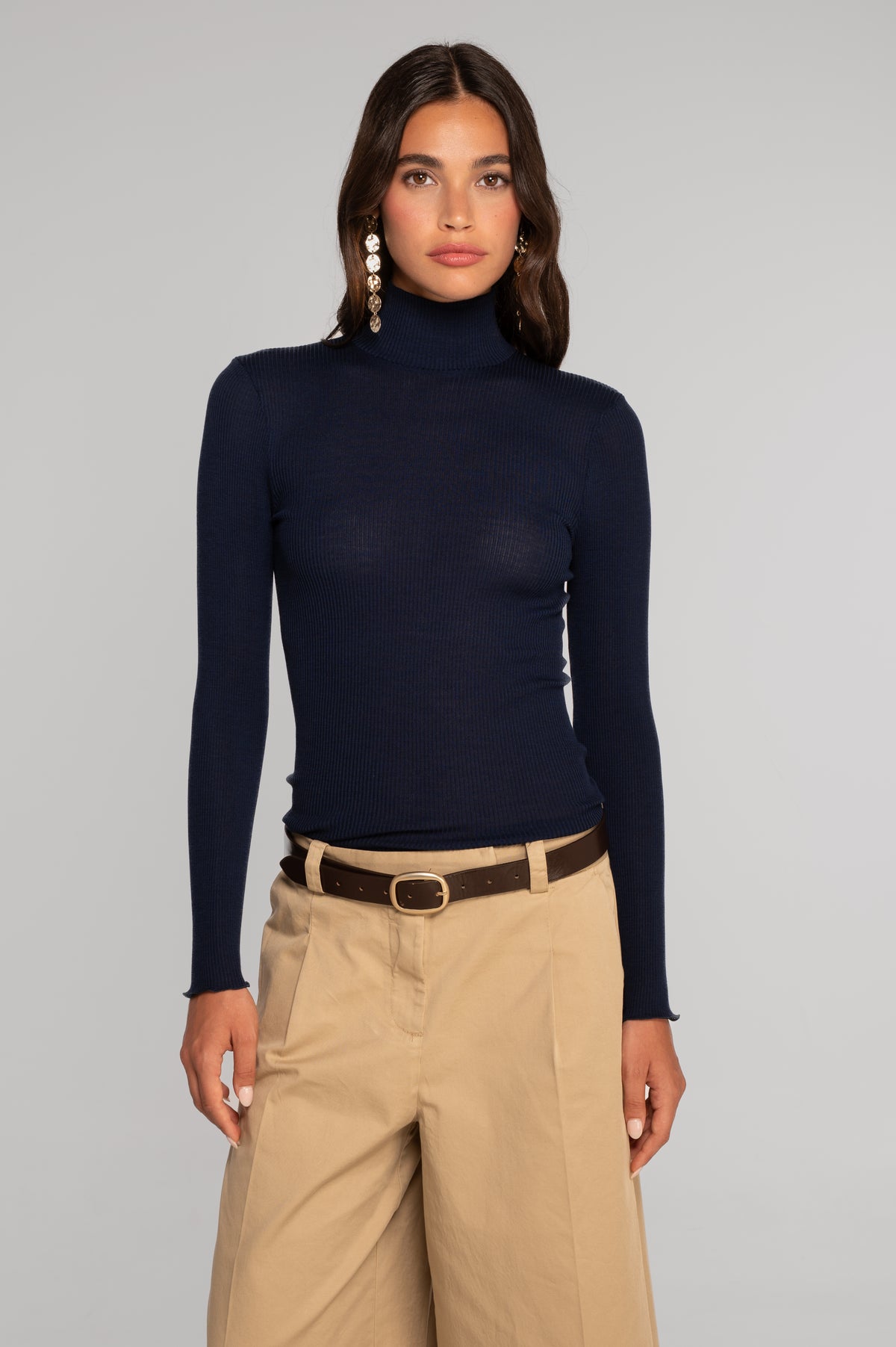Pull à col montant à manches longues en laine et soie 3429
