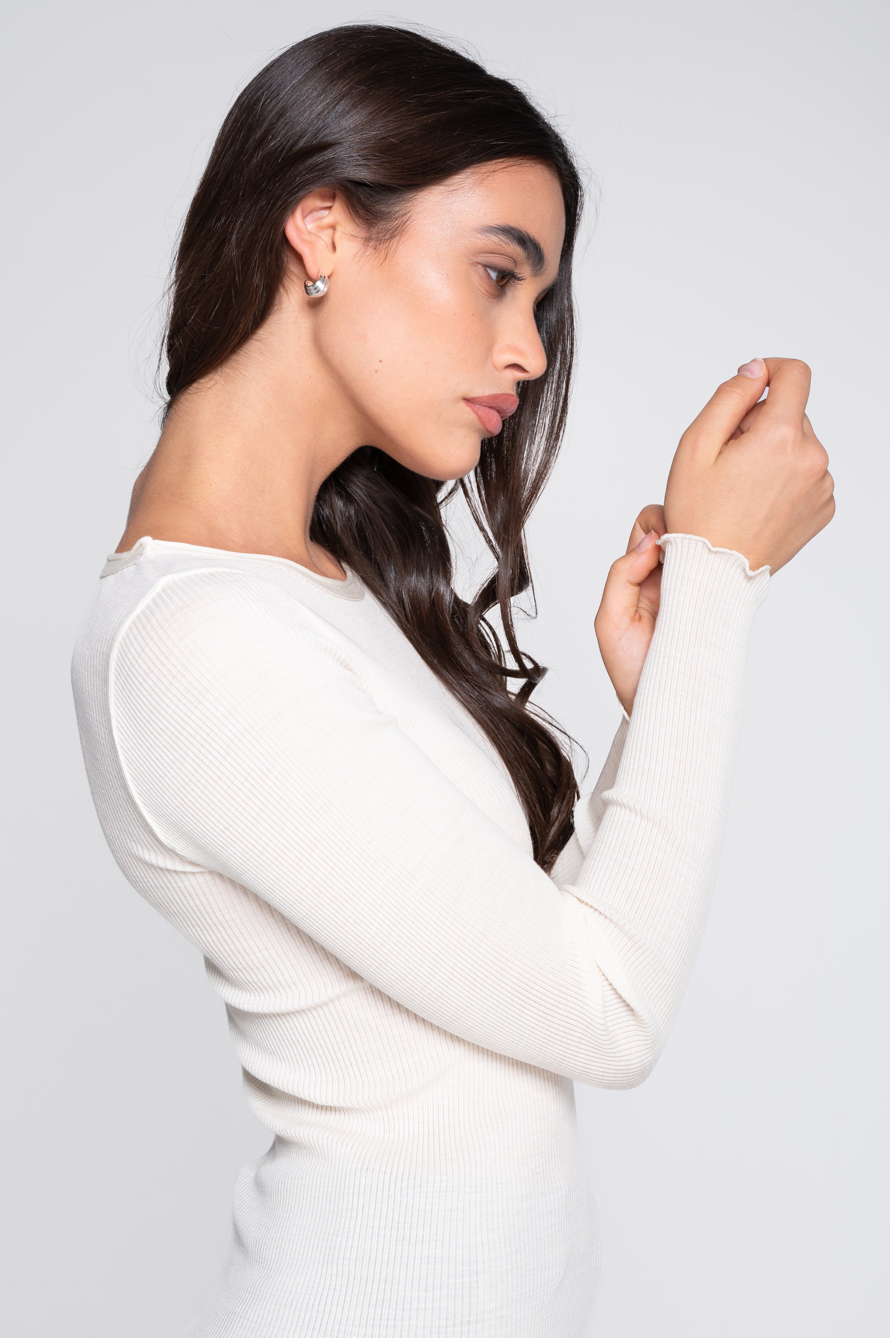 Haut à manches longues en laine et soie côtelée 3446R