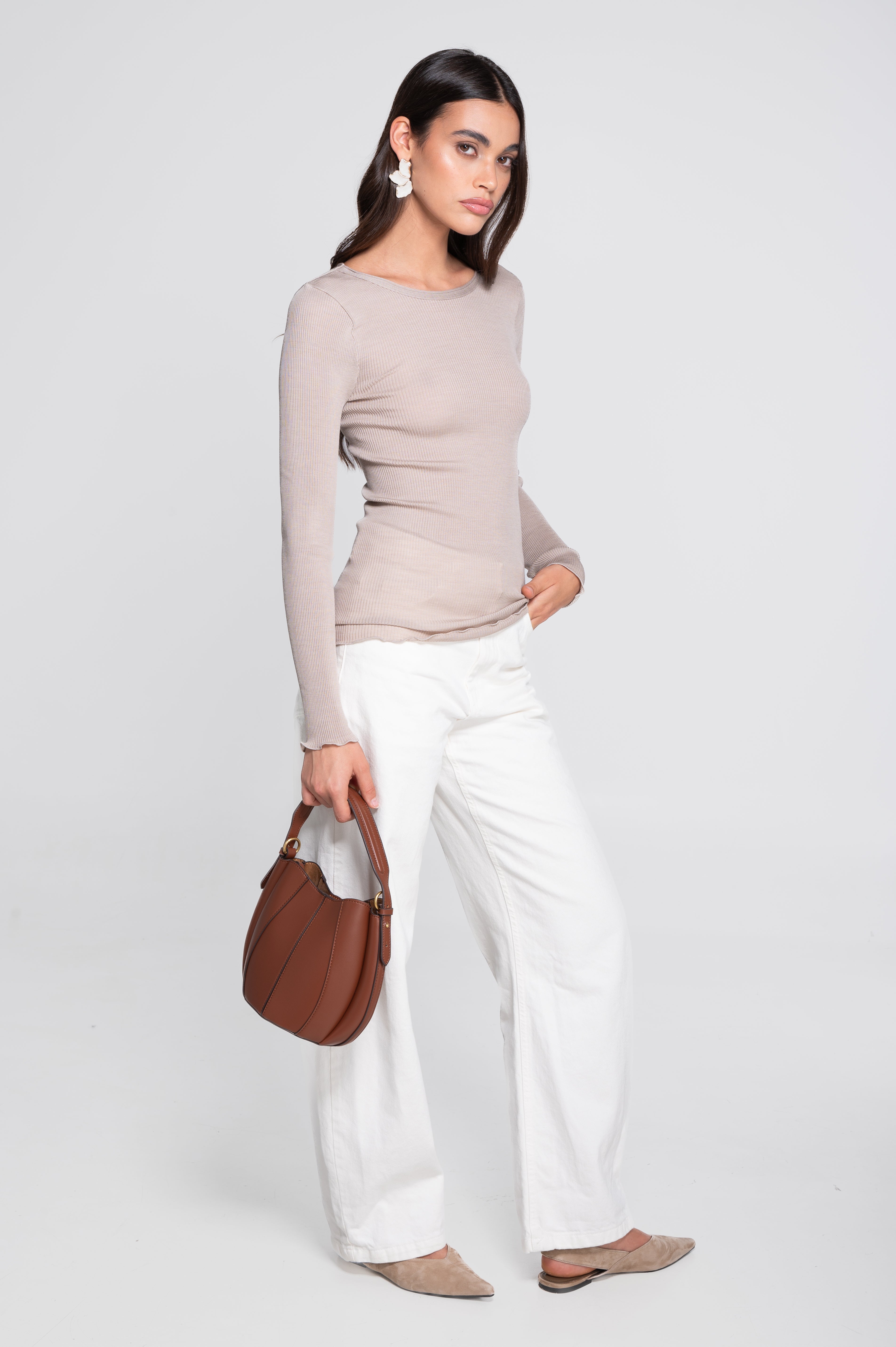 Haut à manches longues en laine et soie côtelée 3446R