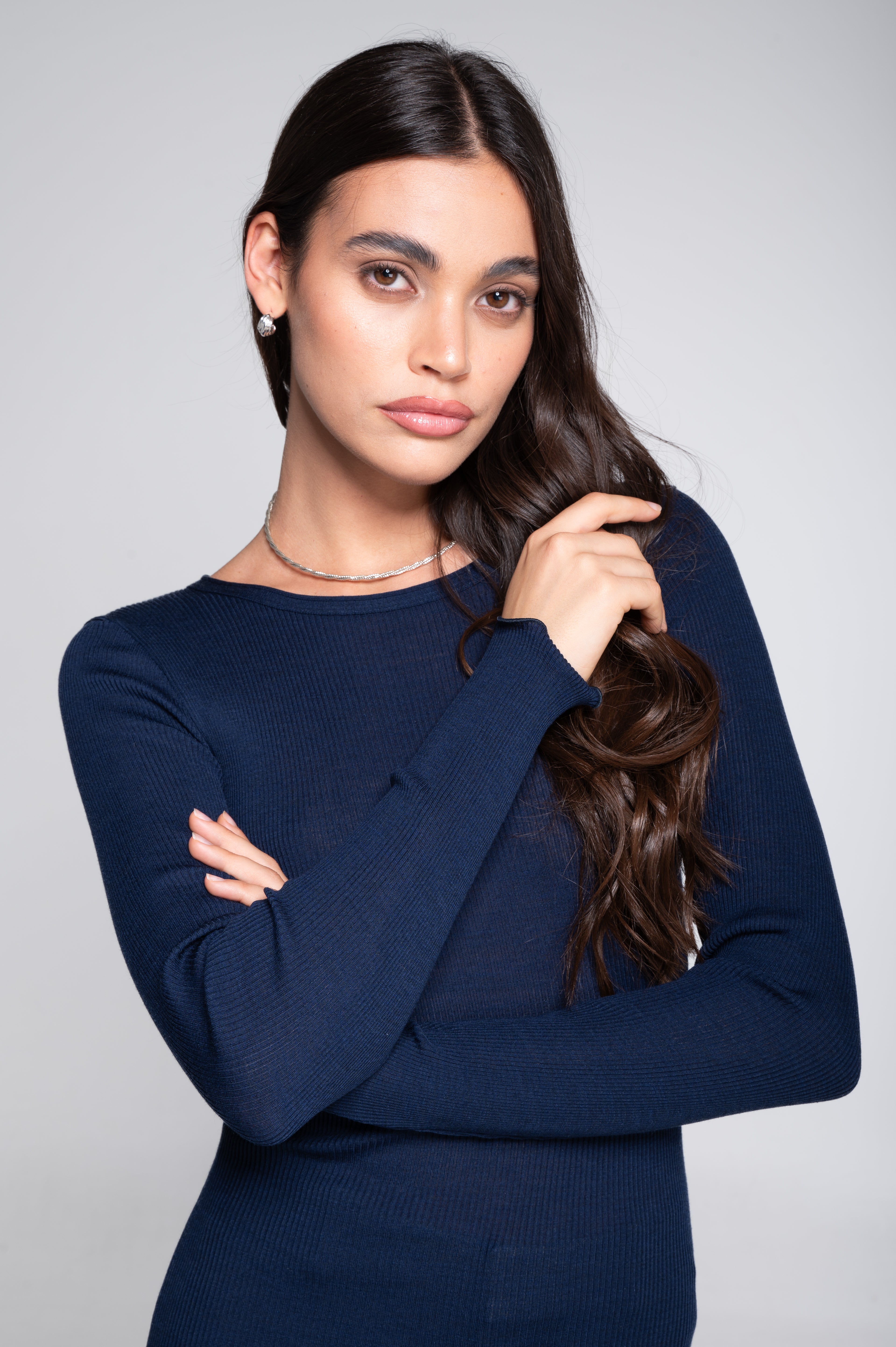 Haut à manches longues en laine et soie côtelée 3446R