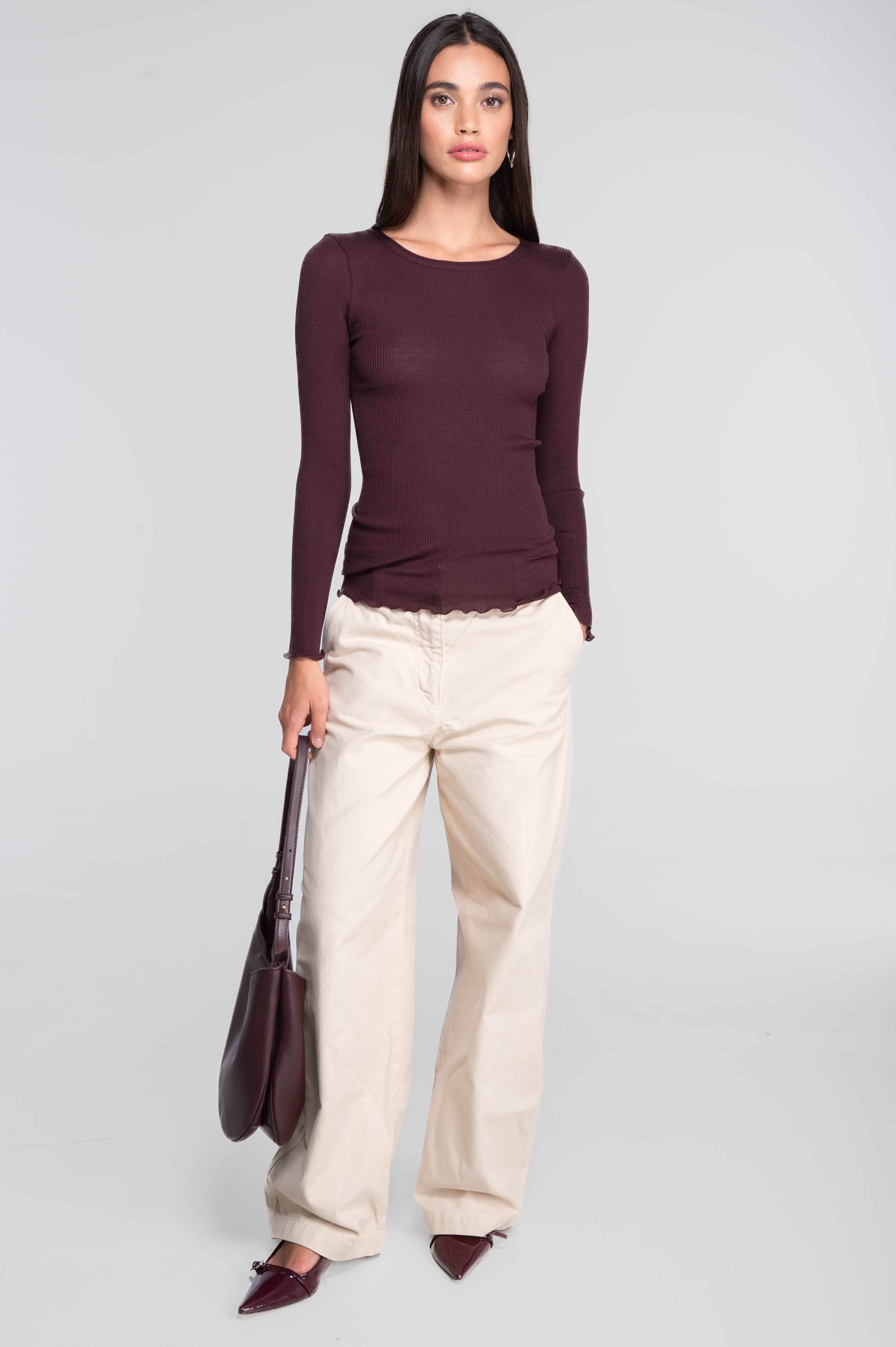 Haut à manches longues en laine et soie côtelée 3446R