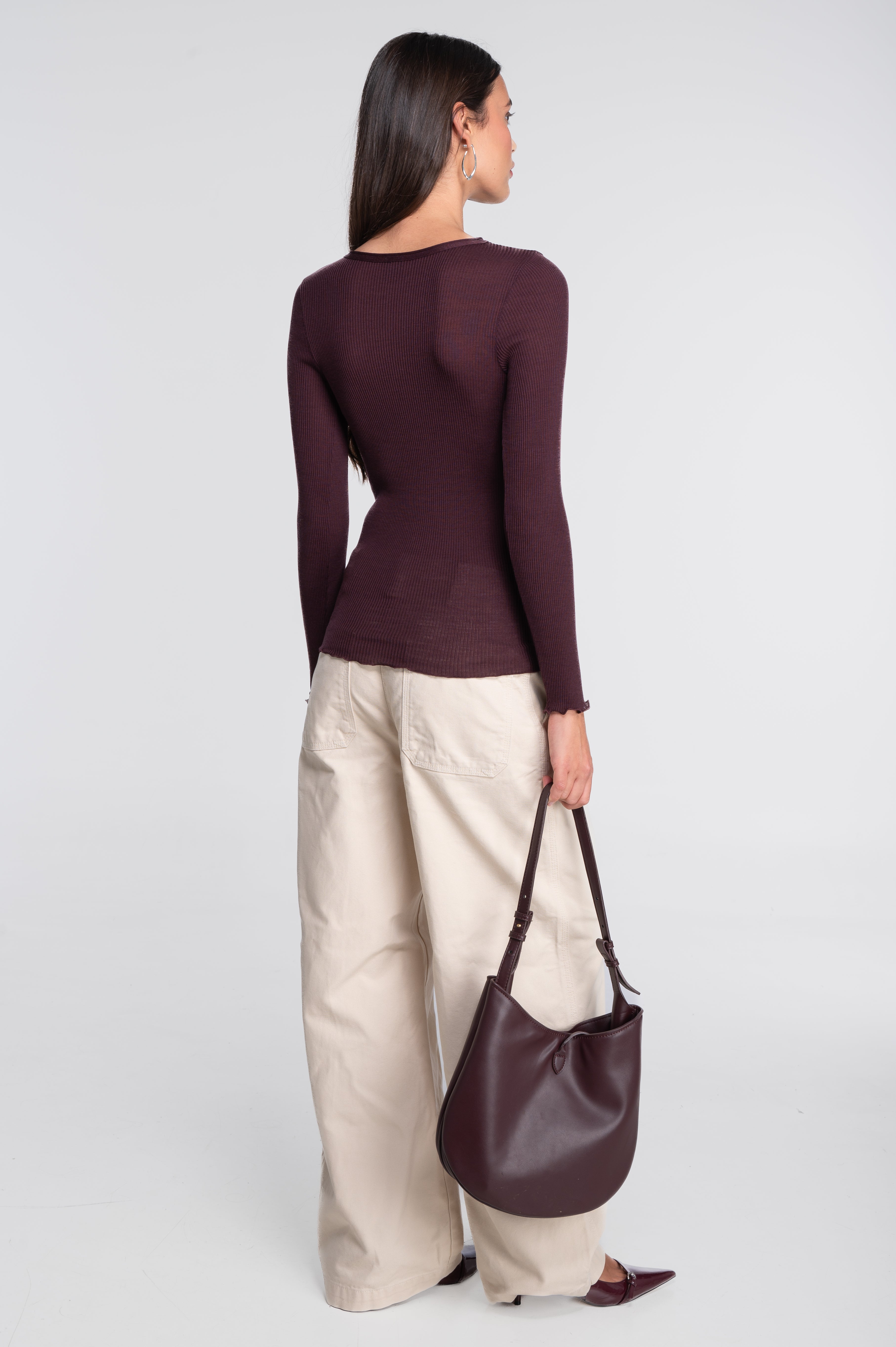 Haut à manches longues en laine et soie côtelée 3446R