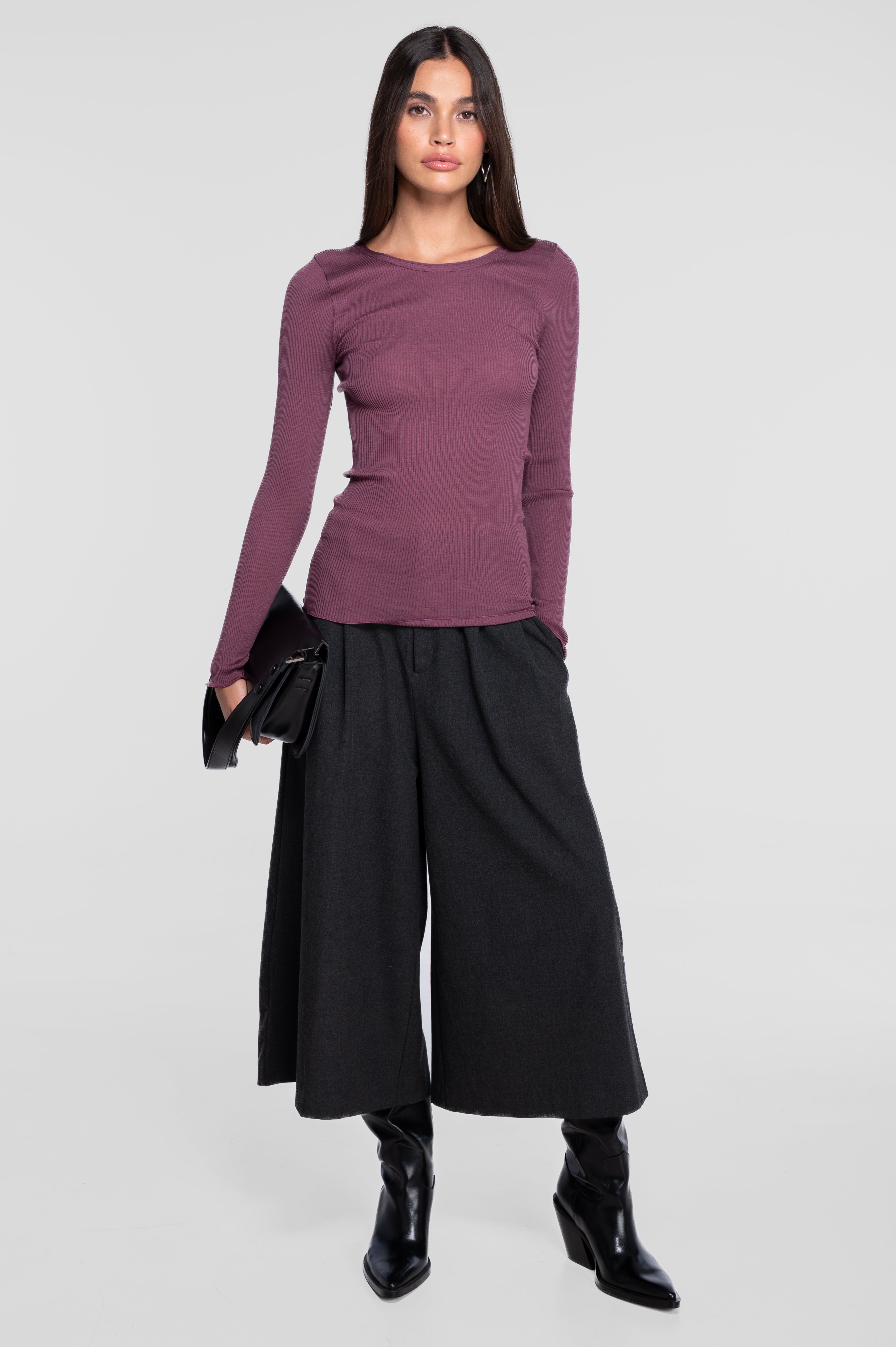 Haut à manches longues en laine et soie côtelée 3446R