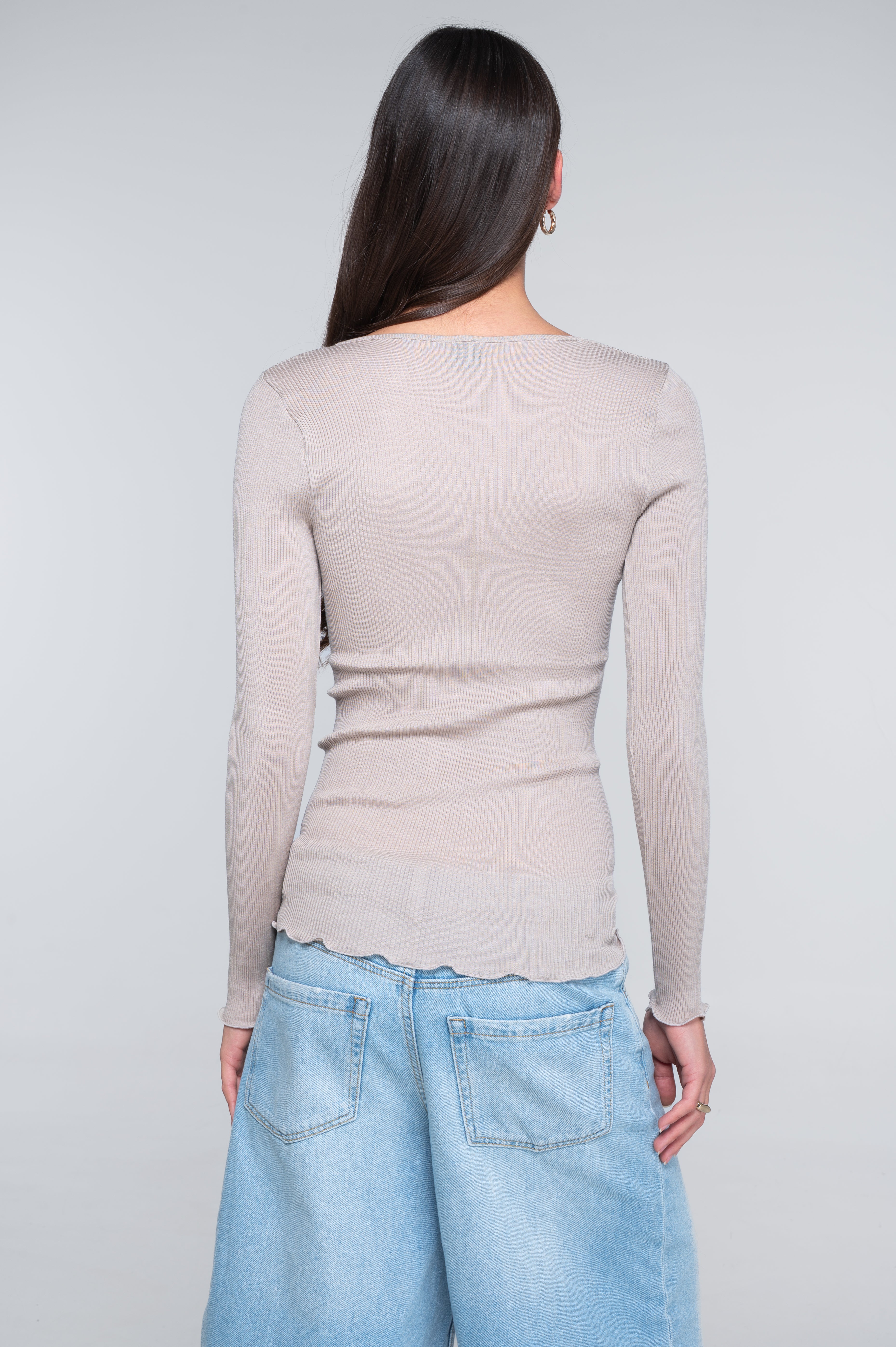 Wool and silk long sleeves V neck shirt 3486