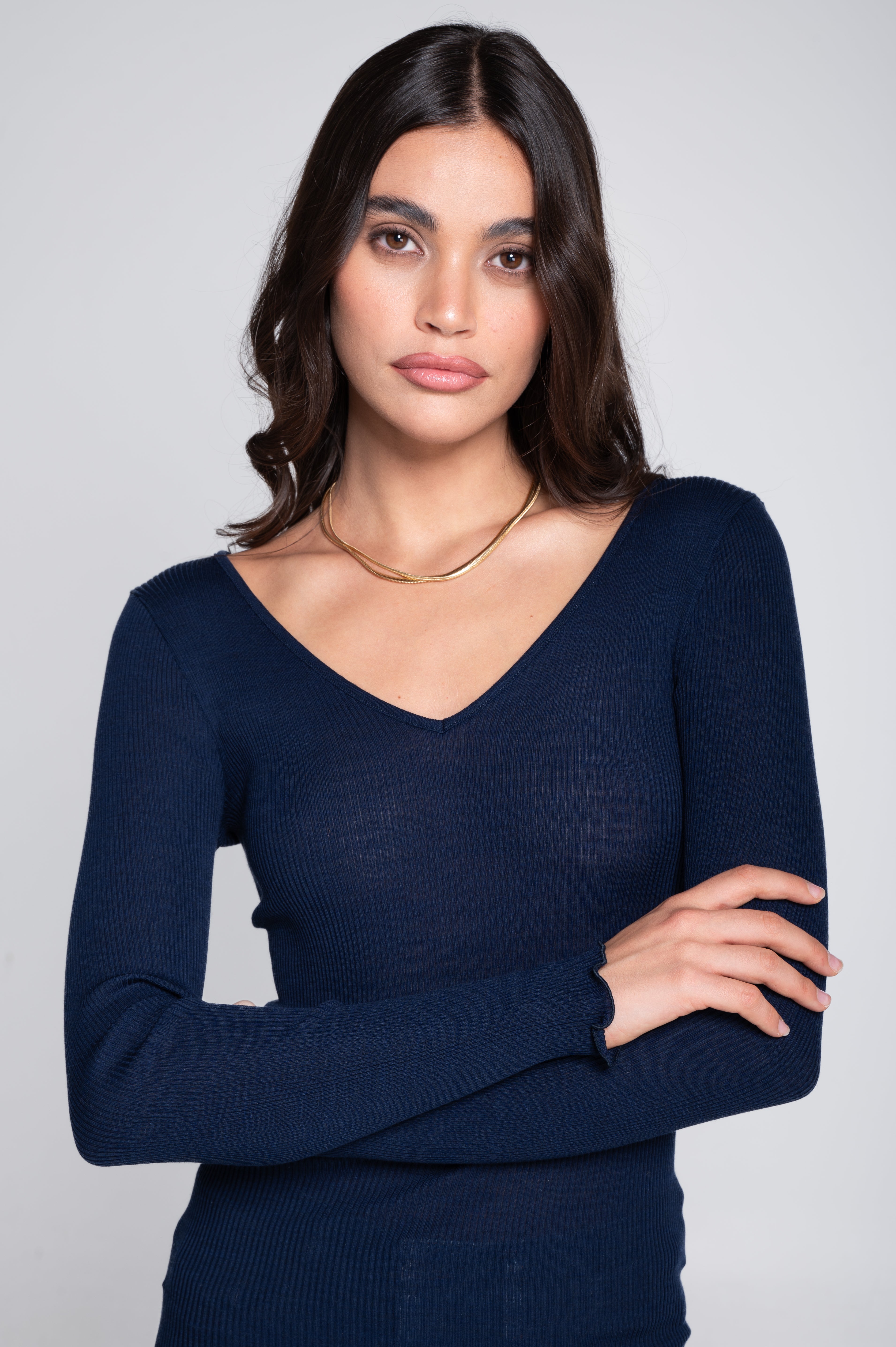 Haut à manches longues et col en V en laine et soie 3486