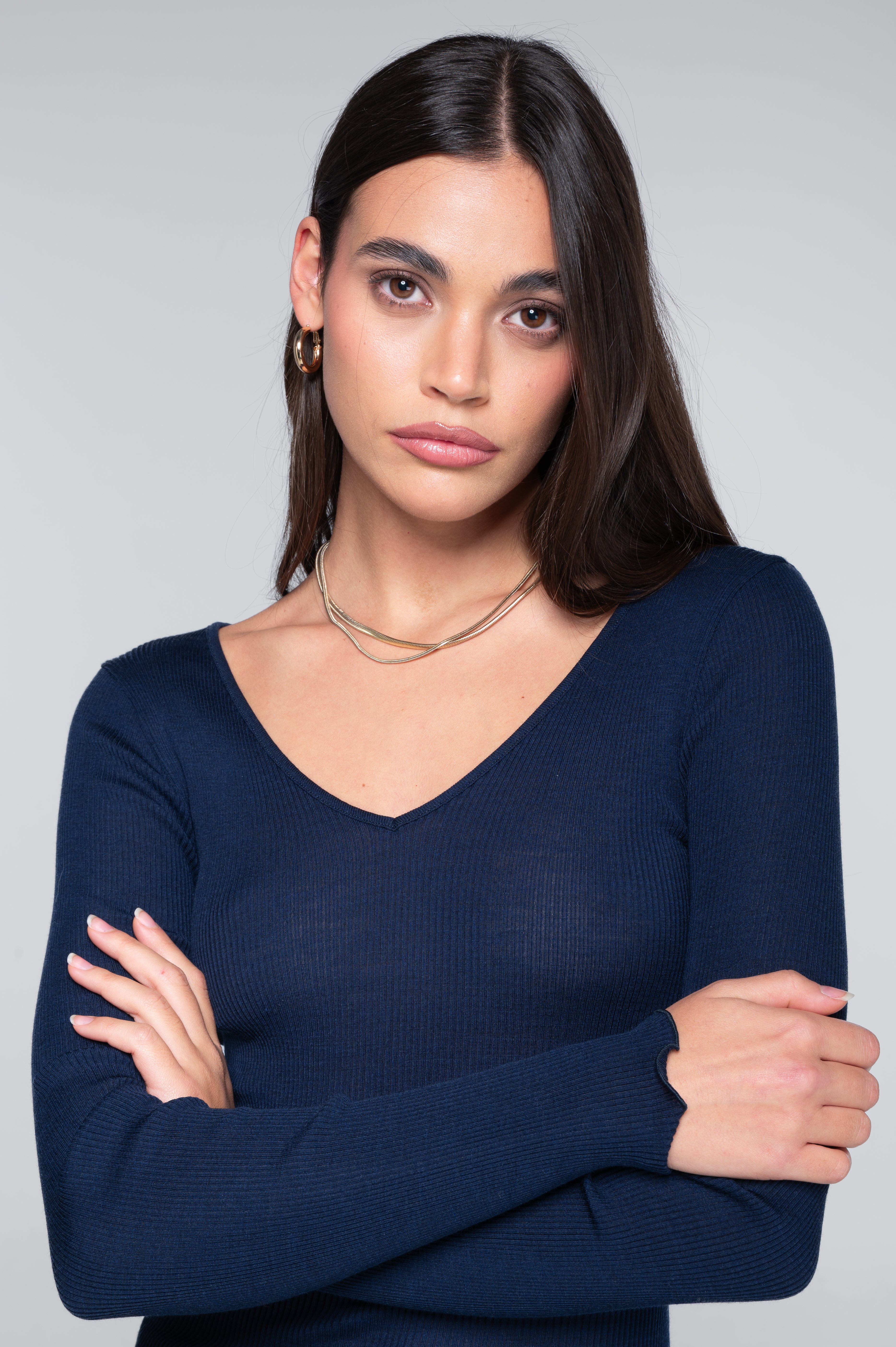 Wool and silk long sleeves V neck shirt 3486