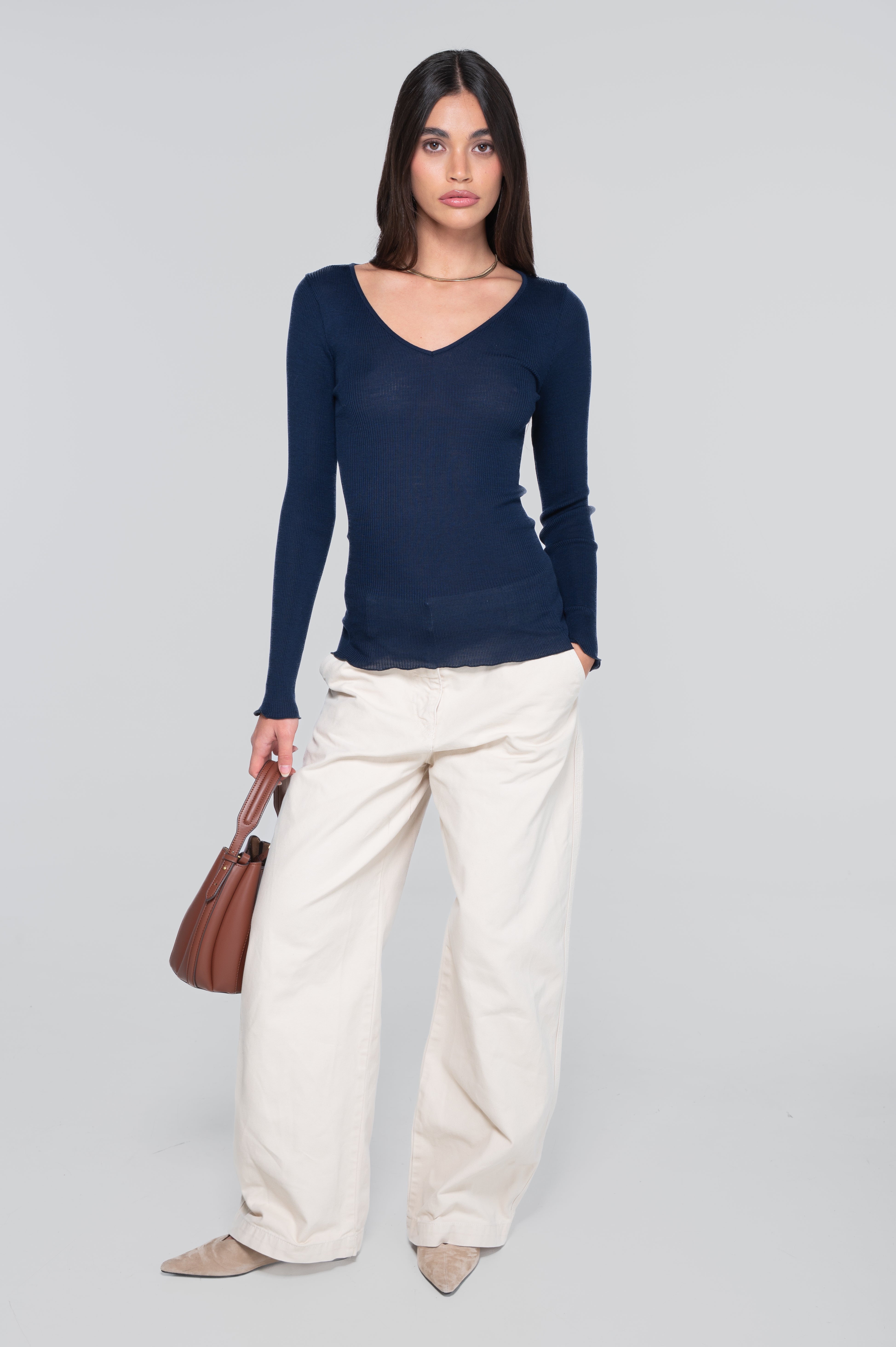 Wool and silk long sleeves V neck shirt 3486