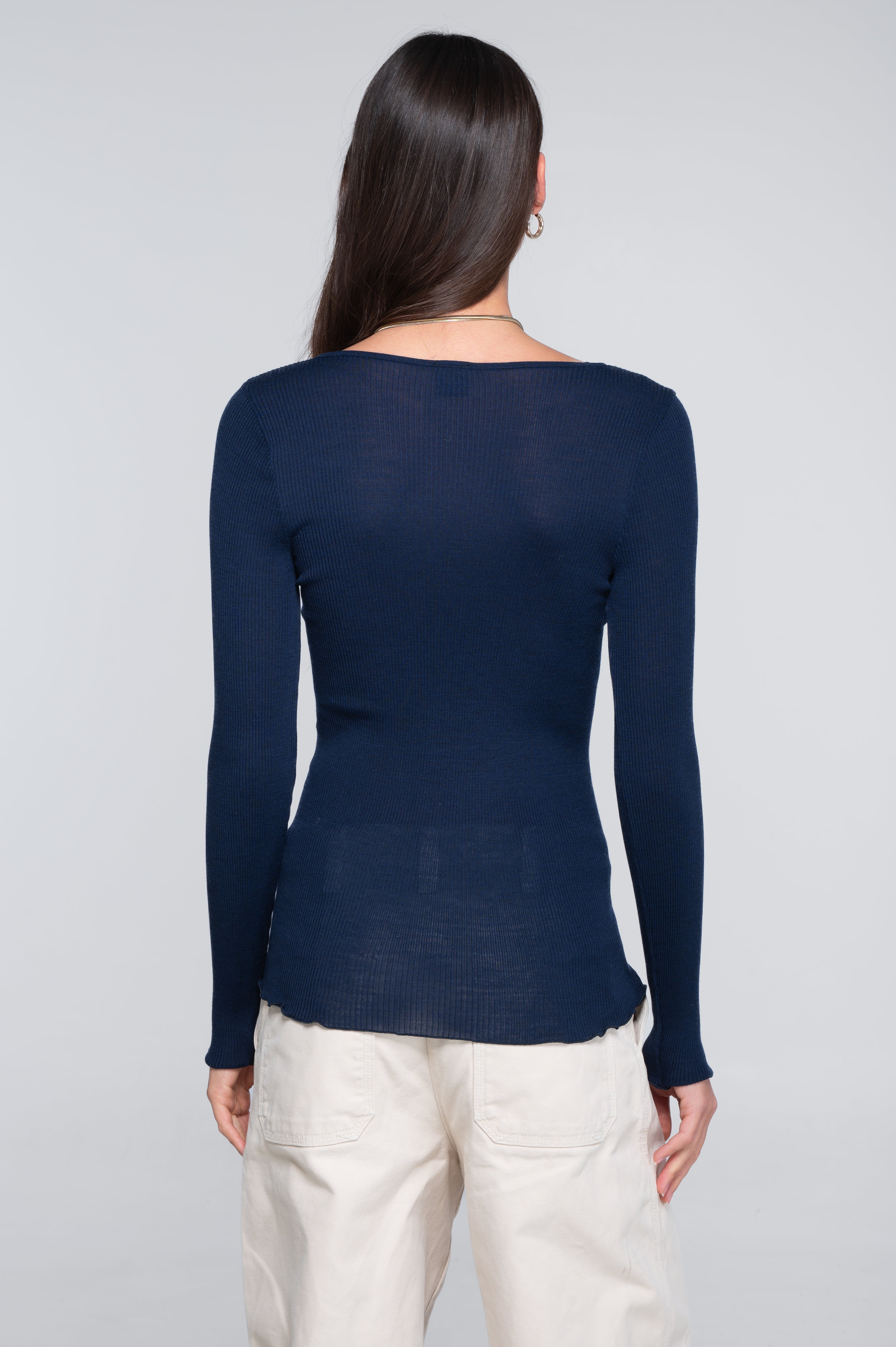 Wool and silk long sleeves V neck shirt 3486
