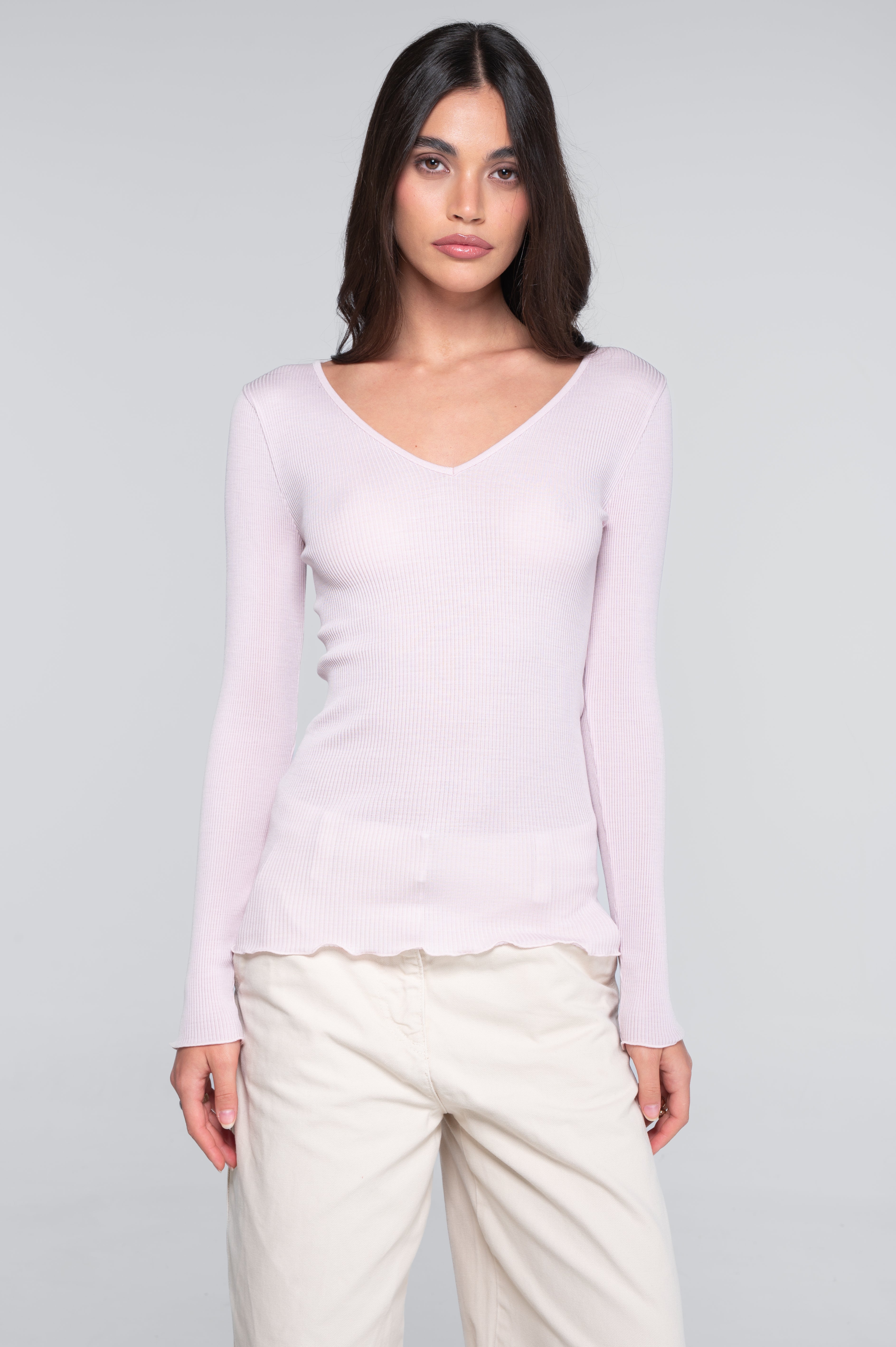 Wool and silk long sleeves V neck shirt 3486