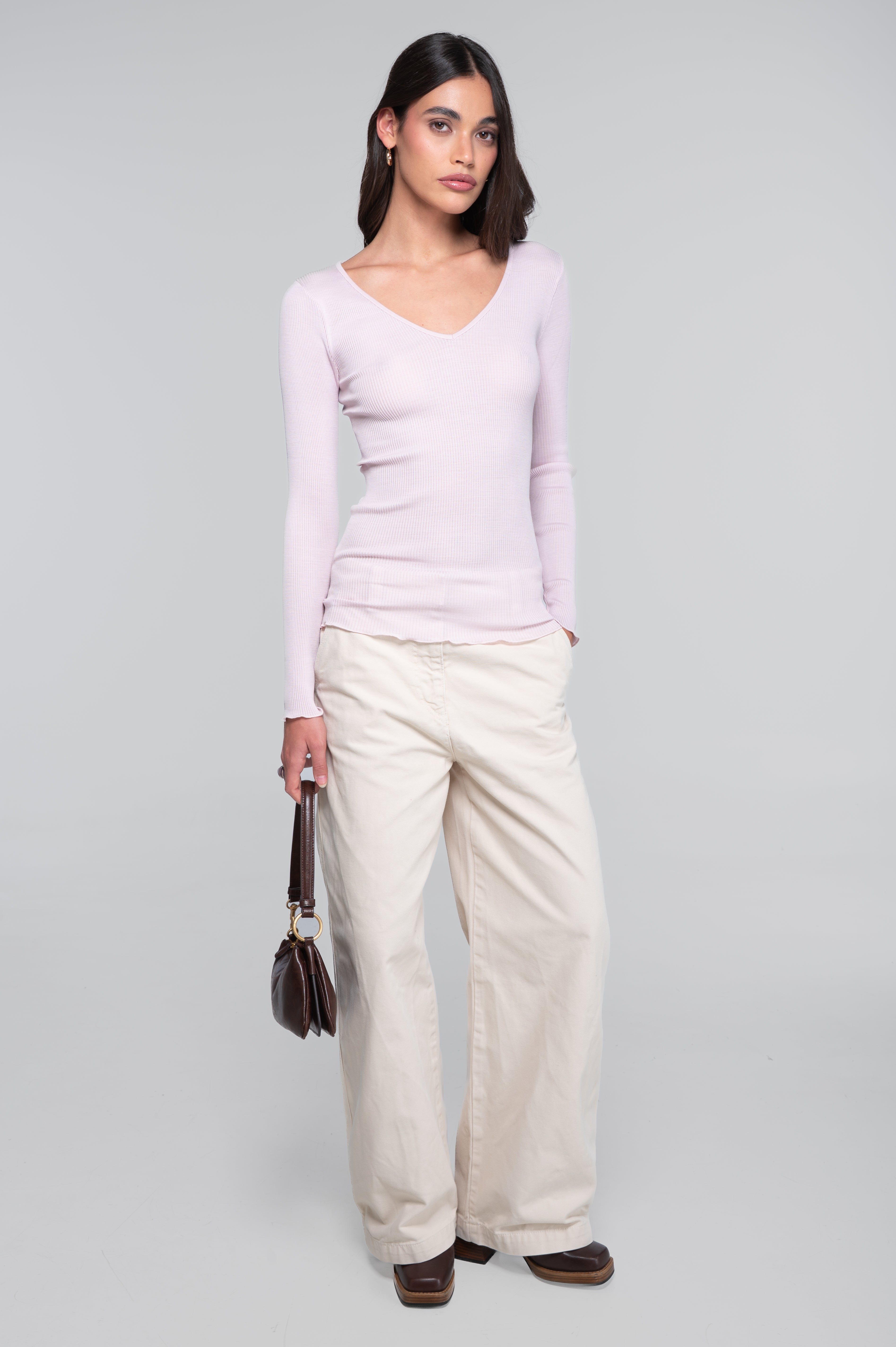 Wool and silk long sleeves V neck shirt 3486