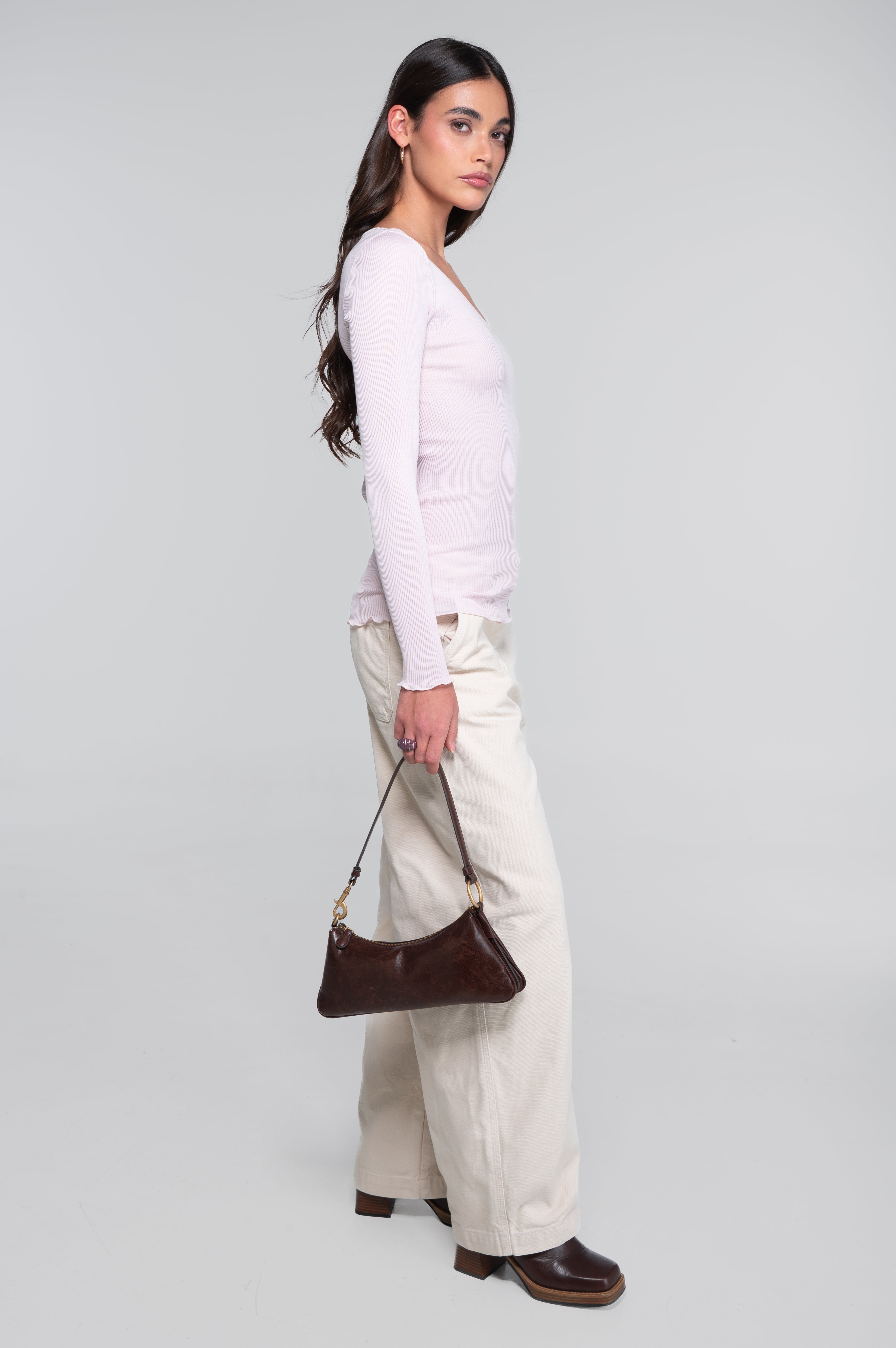 Wool and silk long sleeves V neck shirt 3486