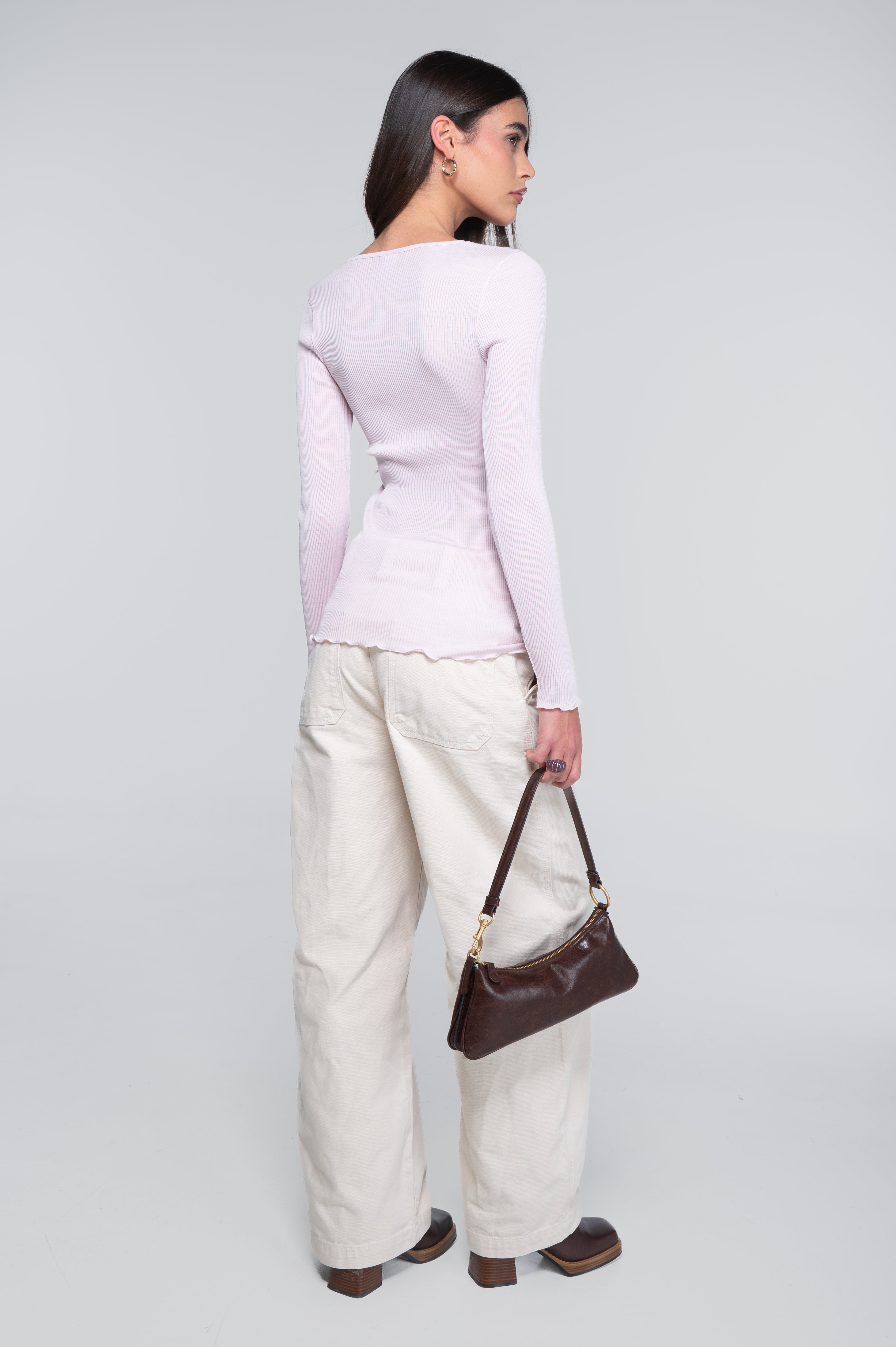 Wool and silk long sleeves V neck shirt 3486