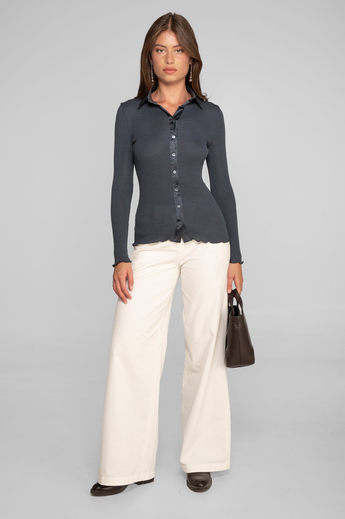 Wool and silk long sleeves shirt with satin details 6350
