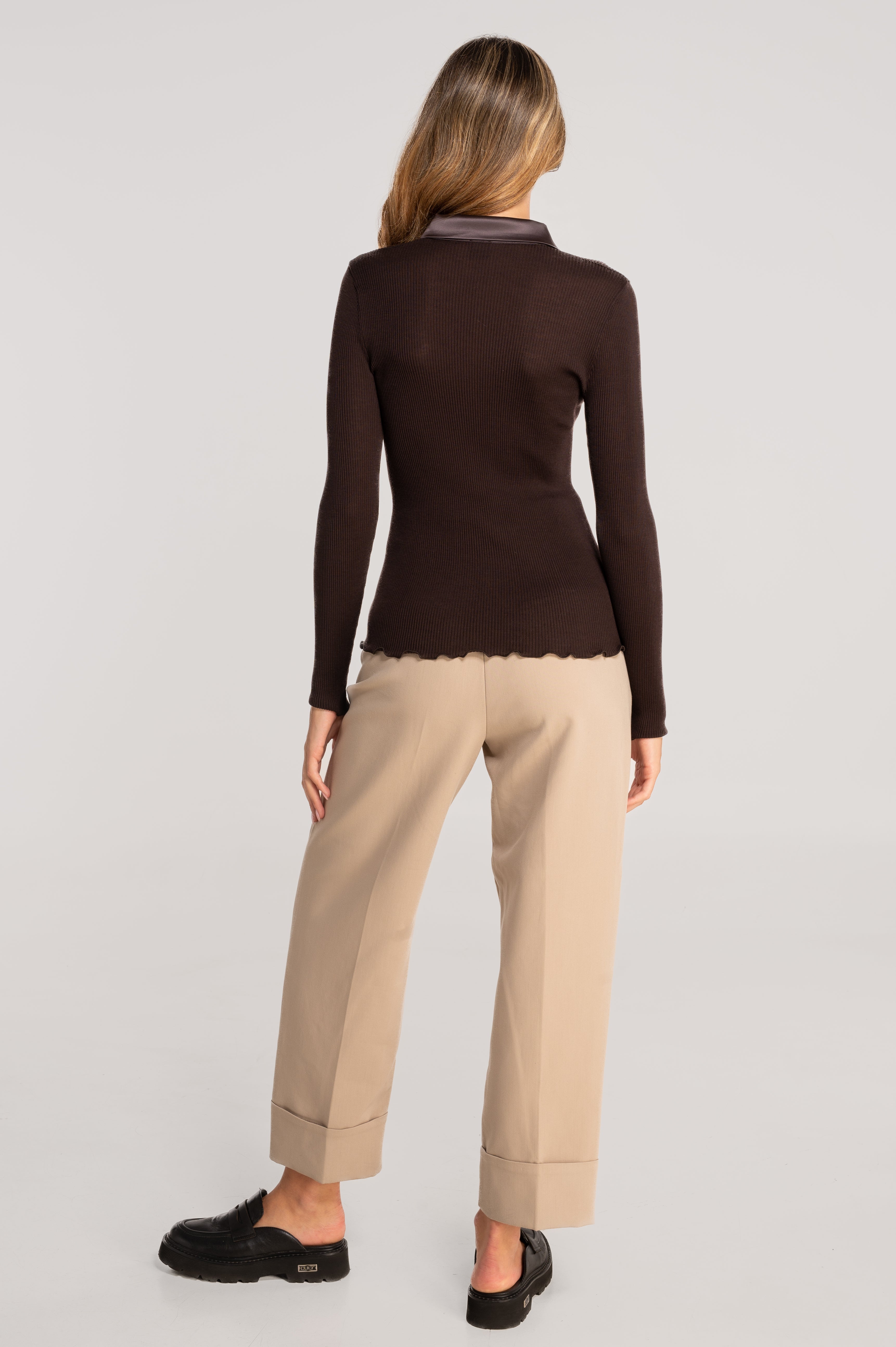 Wool and silk long sleeves shirt with satin opening 6350