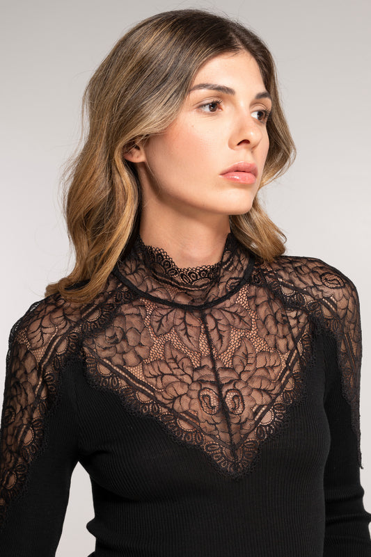 Wool and silk long sleeves mock neck shirt with Leavers lace 7409