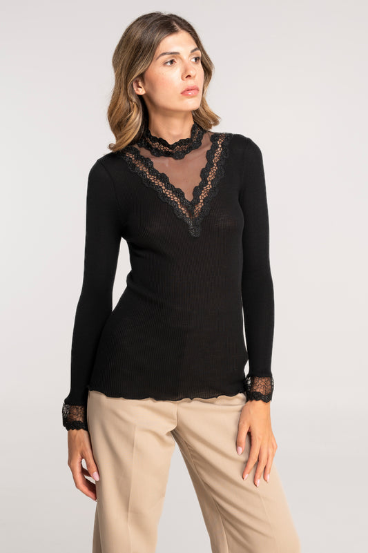 Wool and silk long sleeves mock neck shirt with embroidered tulle lace 7432