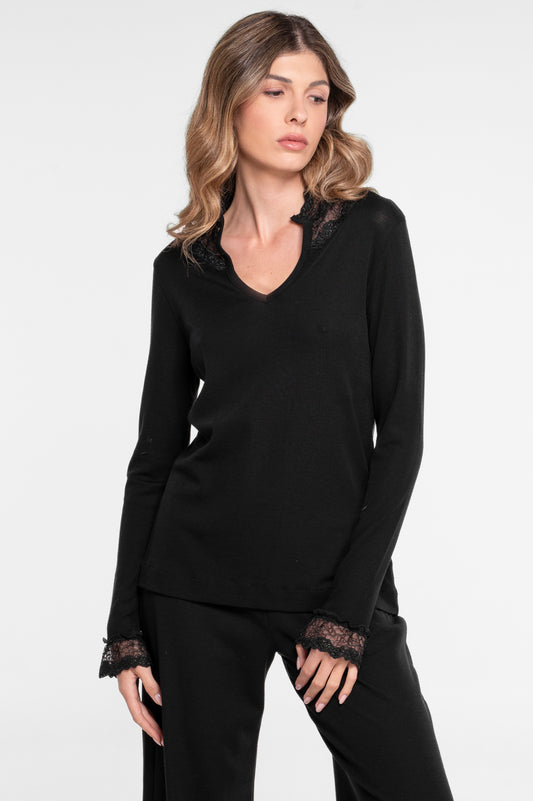 Wool and silk long sleeves shirt with embroidered tulle lace 7438