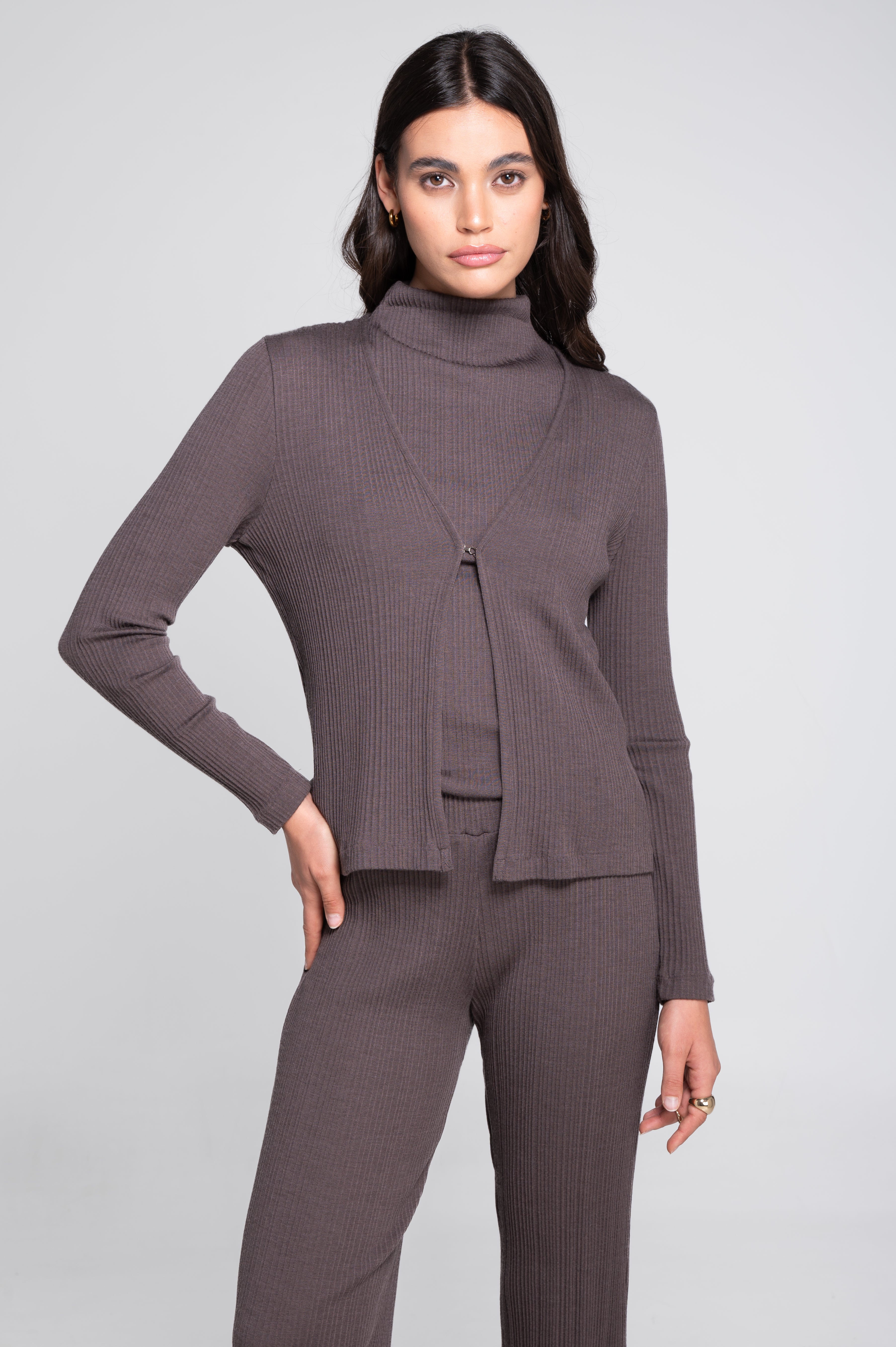 Wool and silk long sleeves cardigan with irregular rib 7464