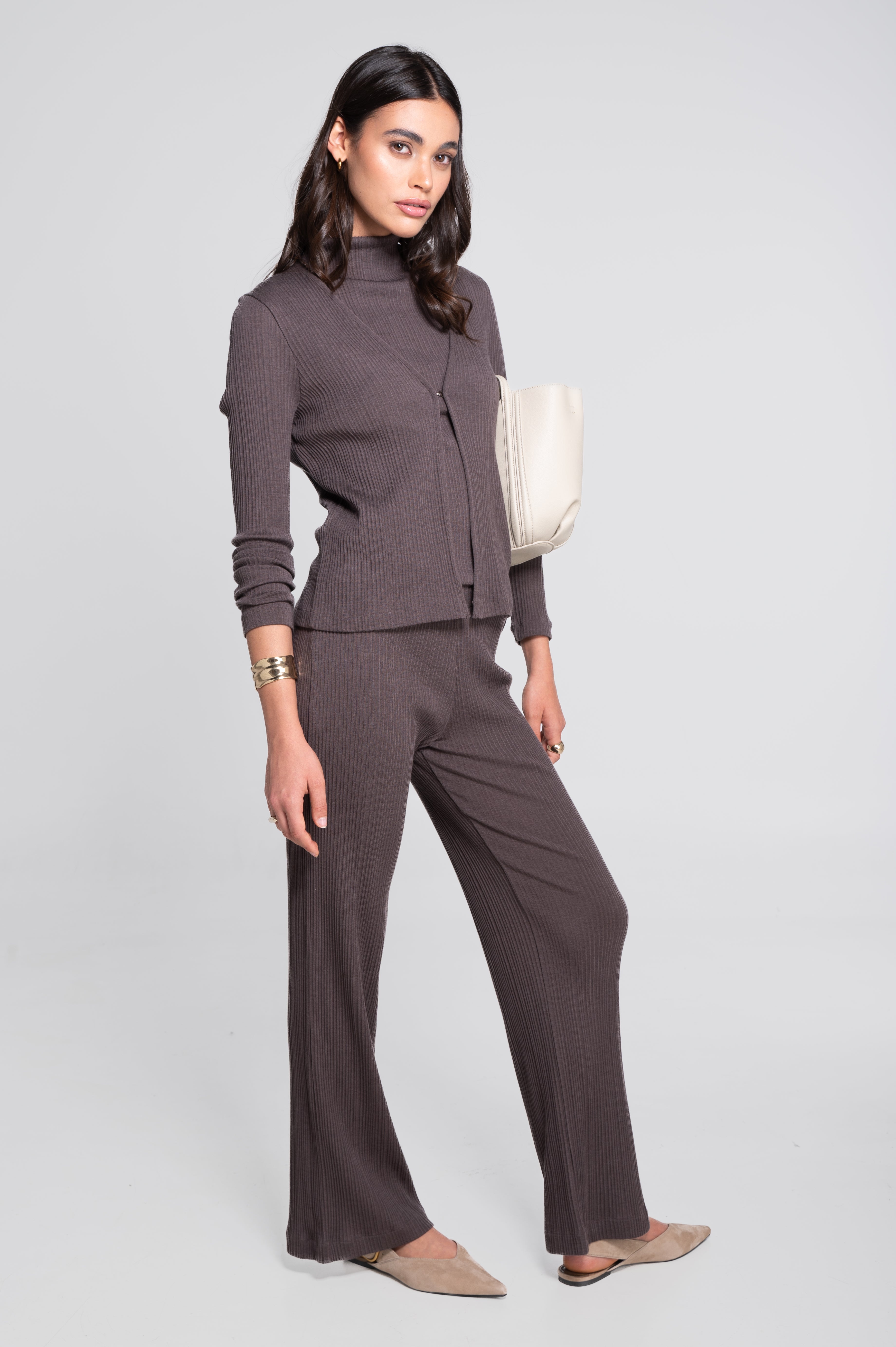 Wool and silk long sleeves cardigan with irregular rib 7464