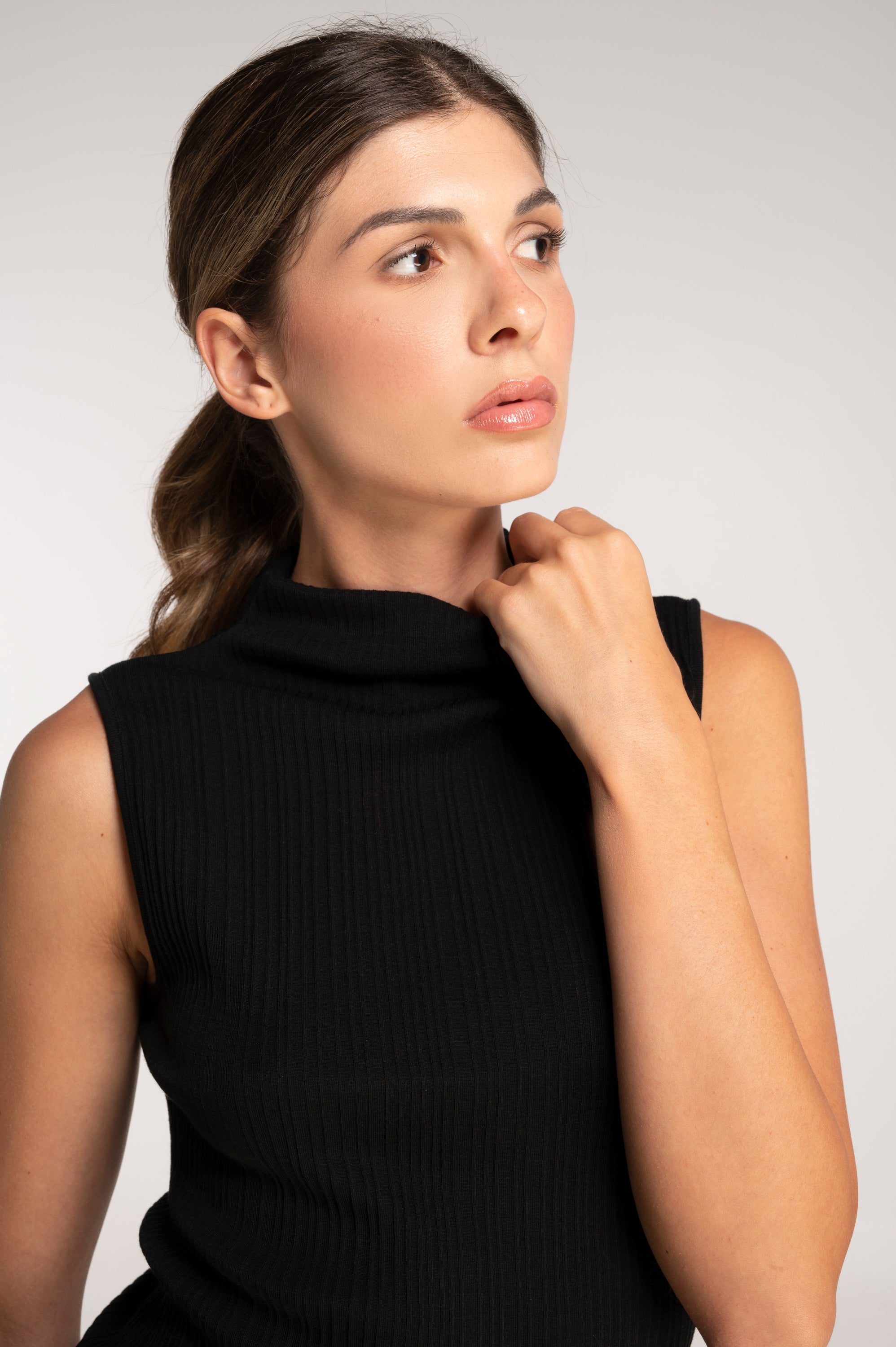 Mock Turtleneck High Neck Silk Sleeveless Top Wool And Silk