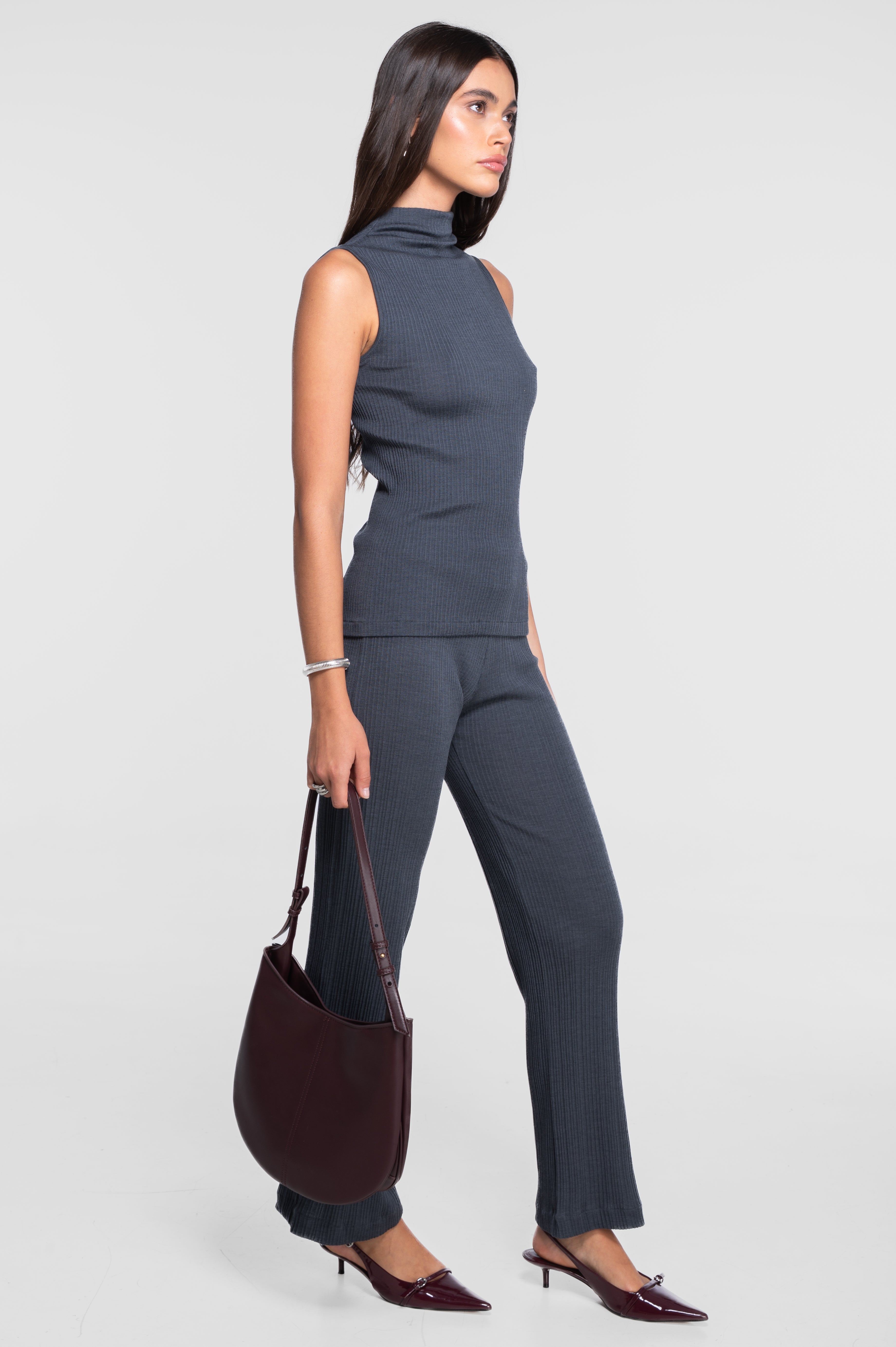 Wide-leg wool and silk trousers with irregular rib 7468