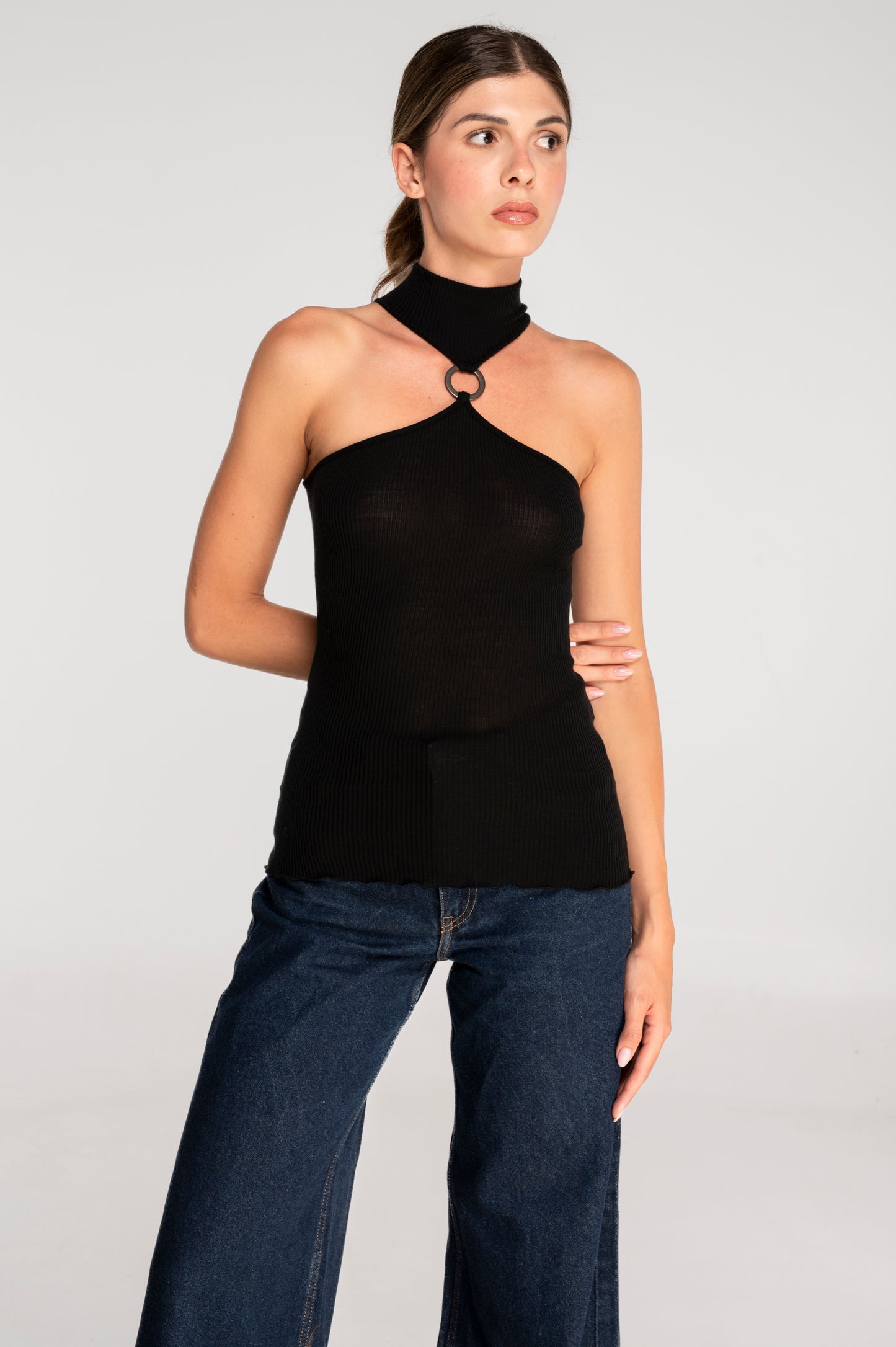 Wool and silk sleeveless mock neck top with cut-outs 7470