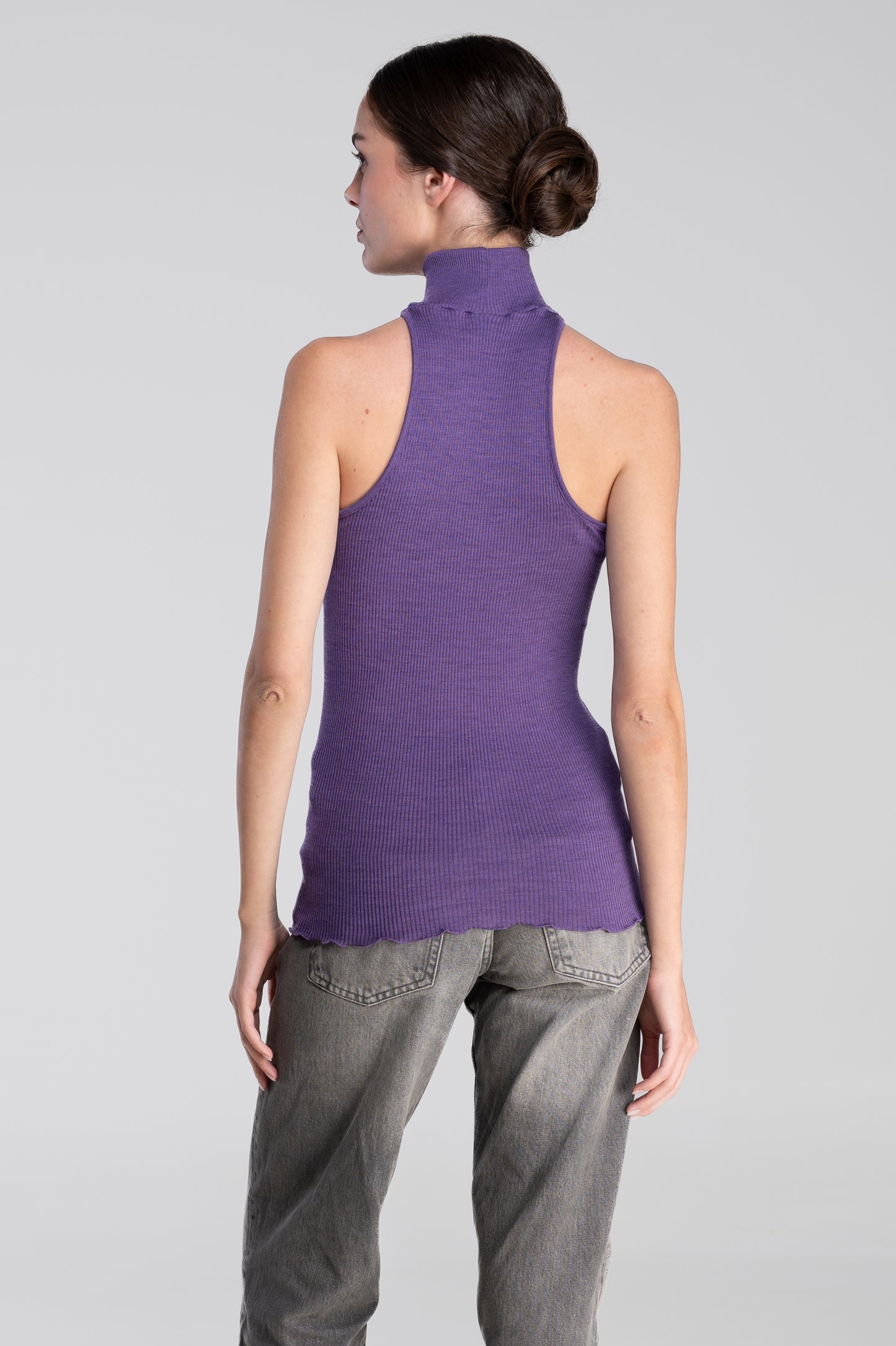 Wool and silk sleeveless mock neck top with cut-outs 7470