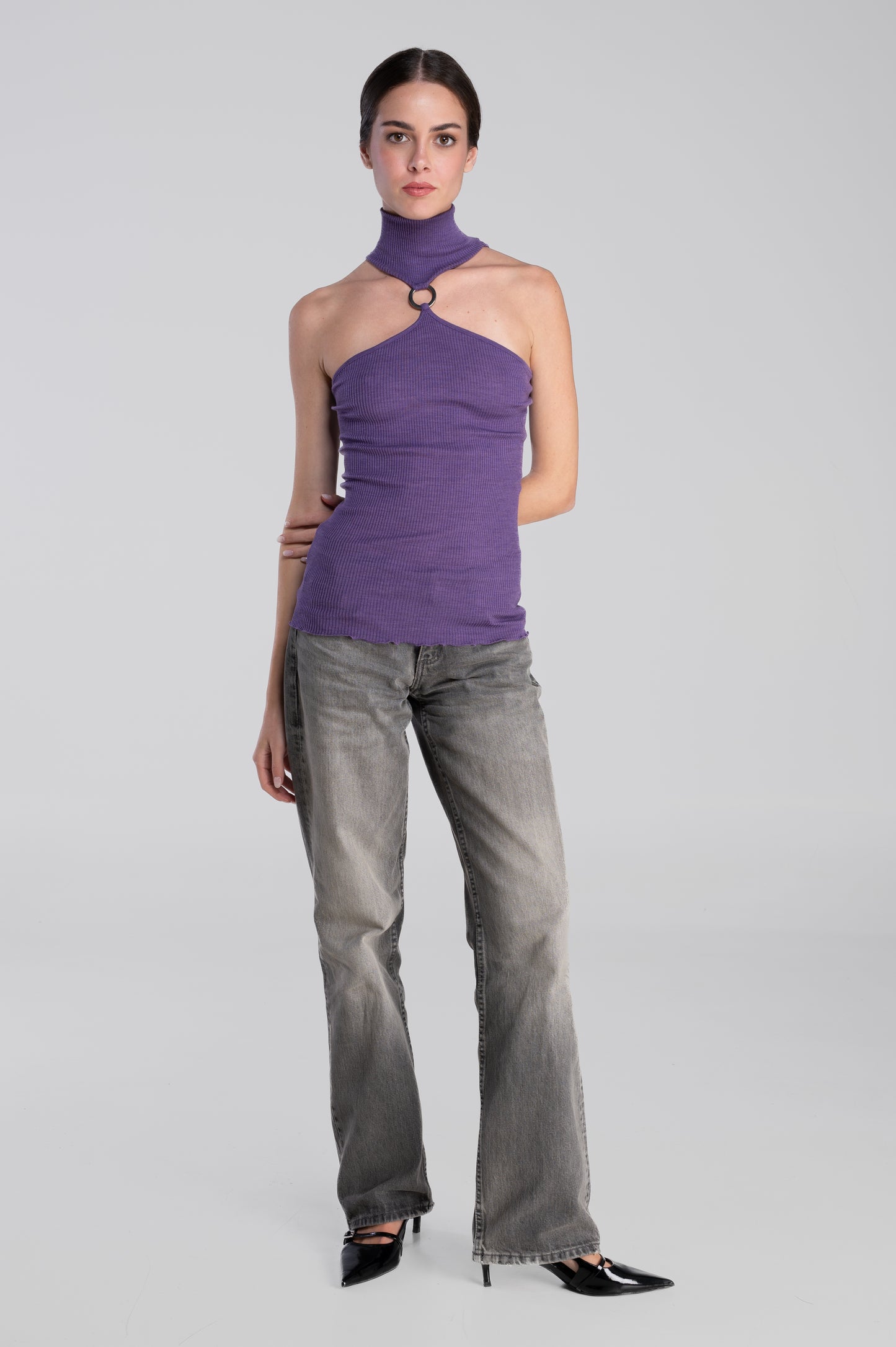 Wool and silk sleeveless mock neck top with cut-outs 7470