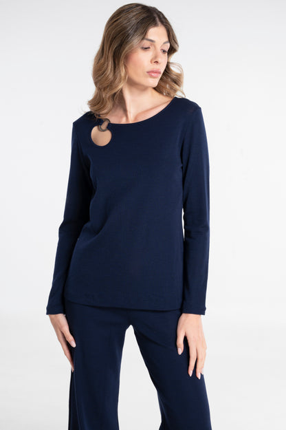 Wool and silk long sleeves round neck shirt with cut-outs 7472