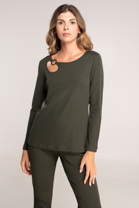 Wool and silk long sleeves round neck shirt with cut-outs 7472