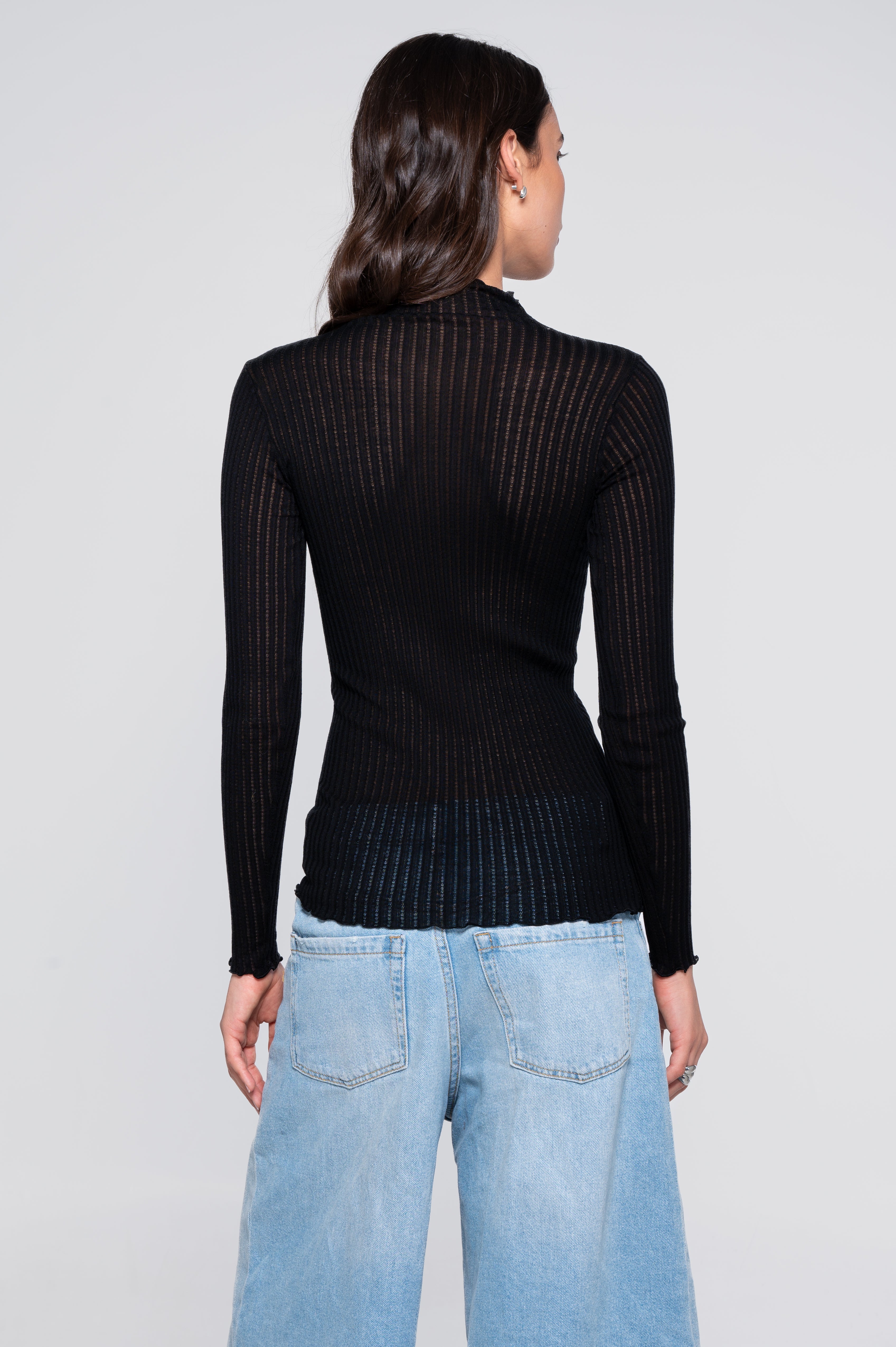 Long sleeves mock neck shirt in ajouré wool and silk 7494