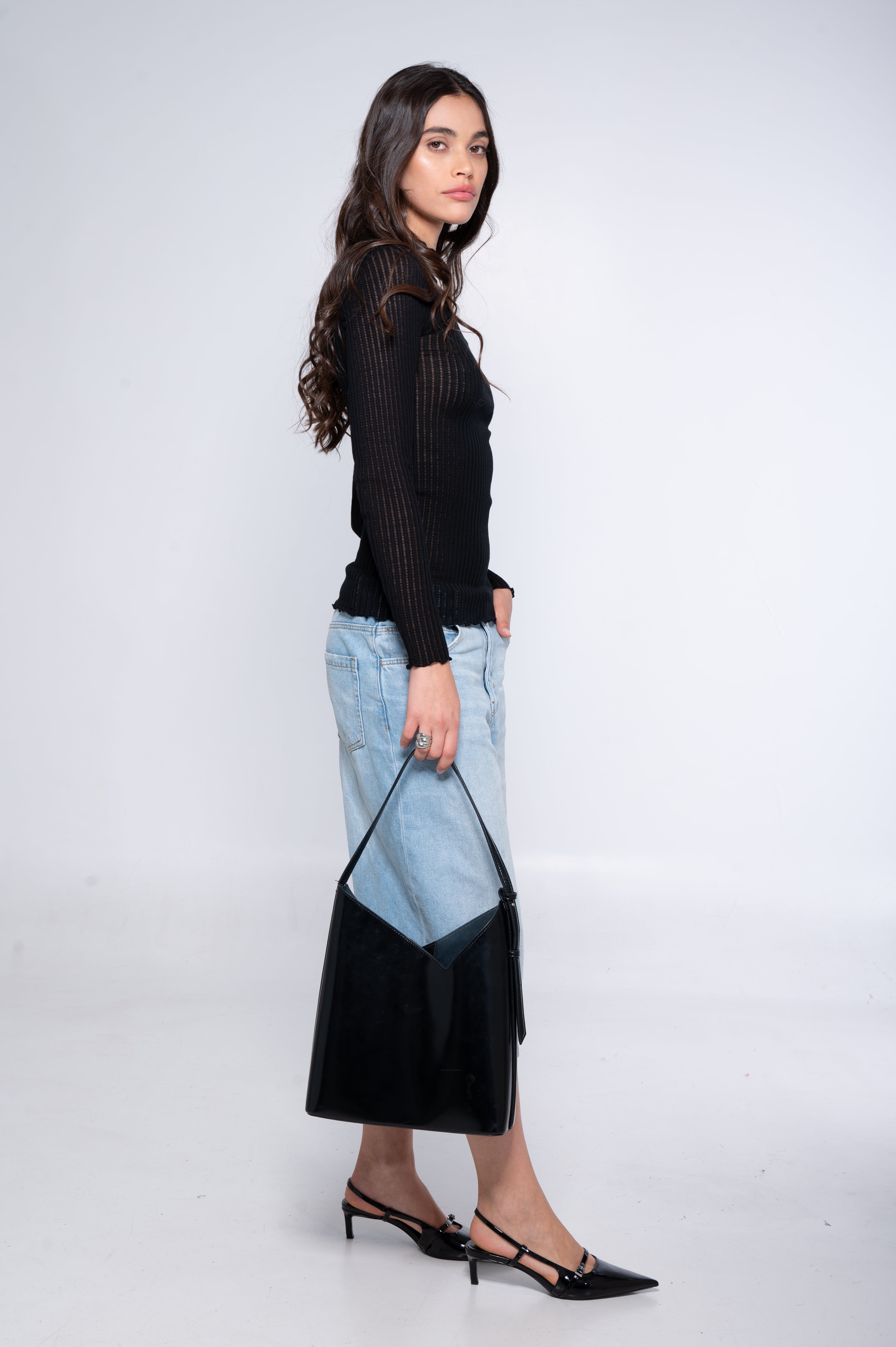 Long sleeves mock neck shirt in ajouré wool and silk 7494