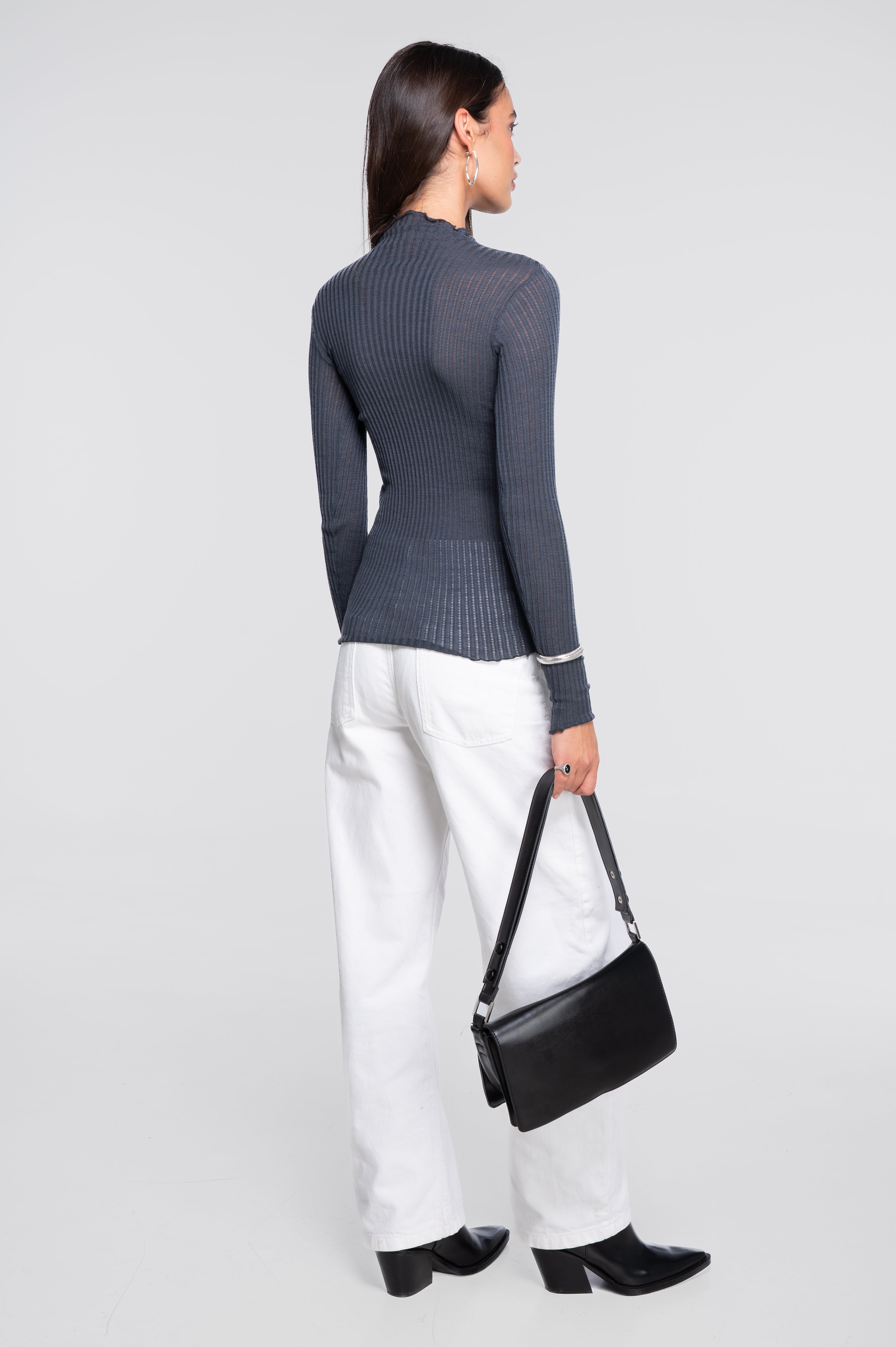 Long sleeves mock neck shirt in ajouré wool and silk 7494