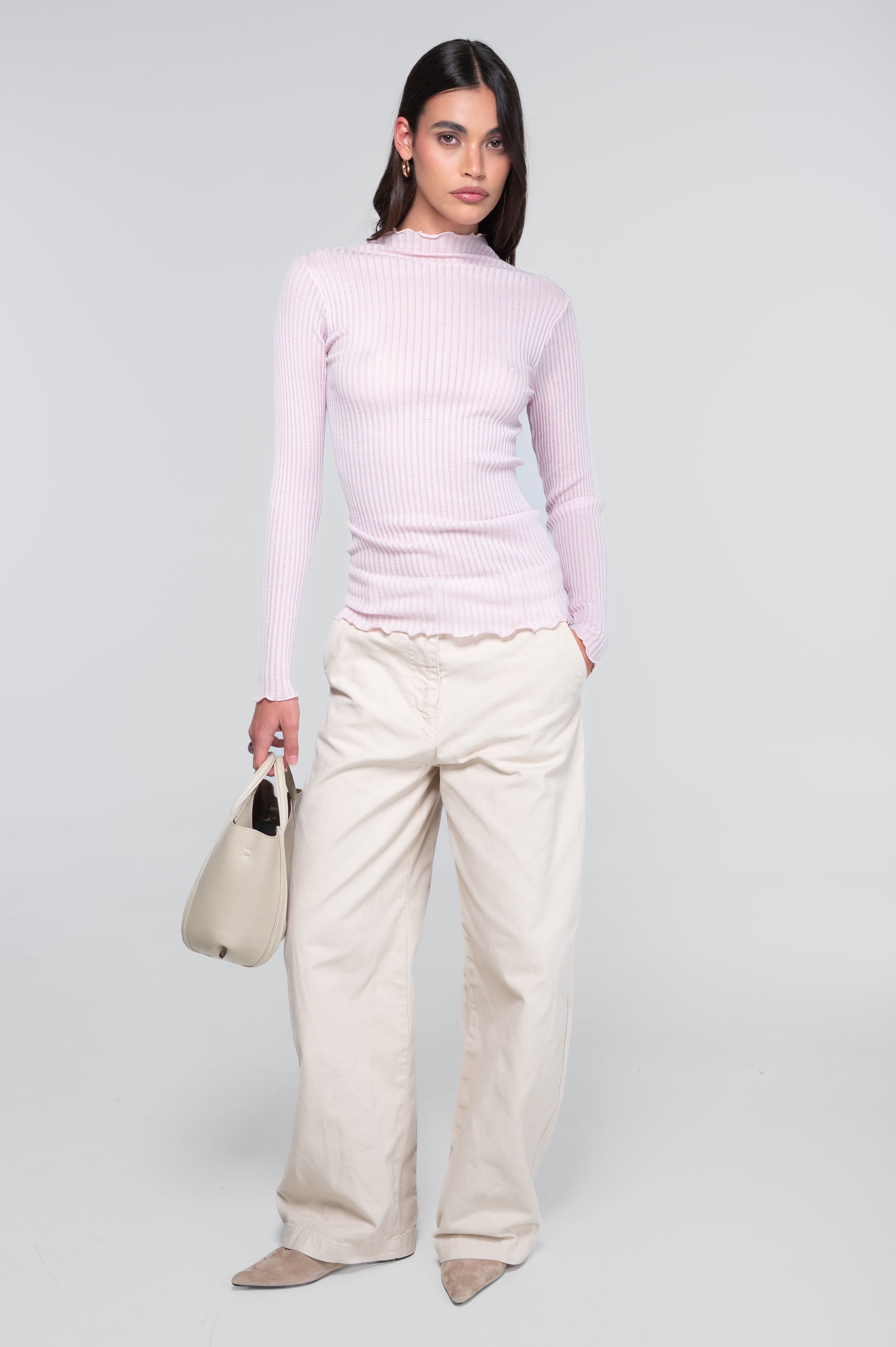 Long sleeves mock neck shirt in ajouré wool and silk 7494