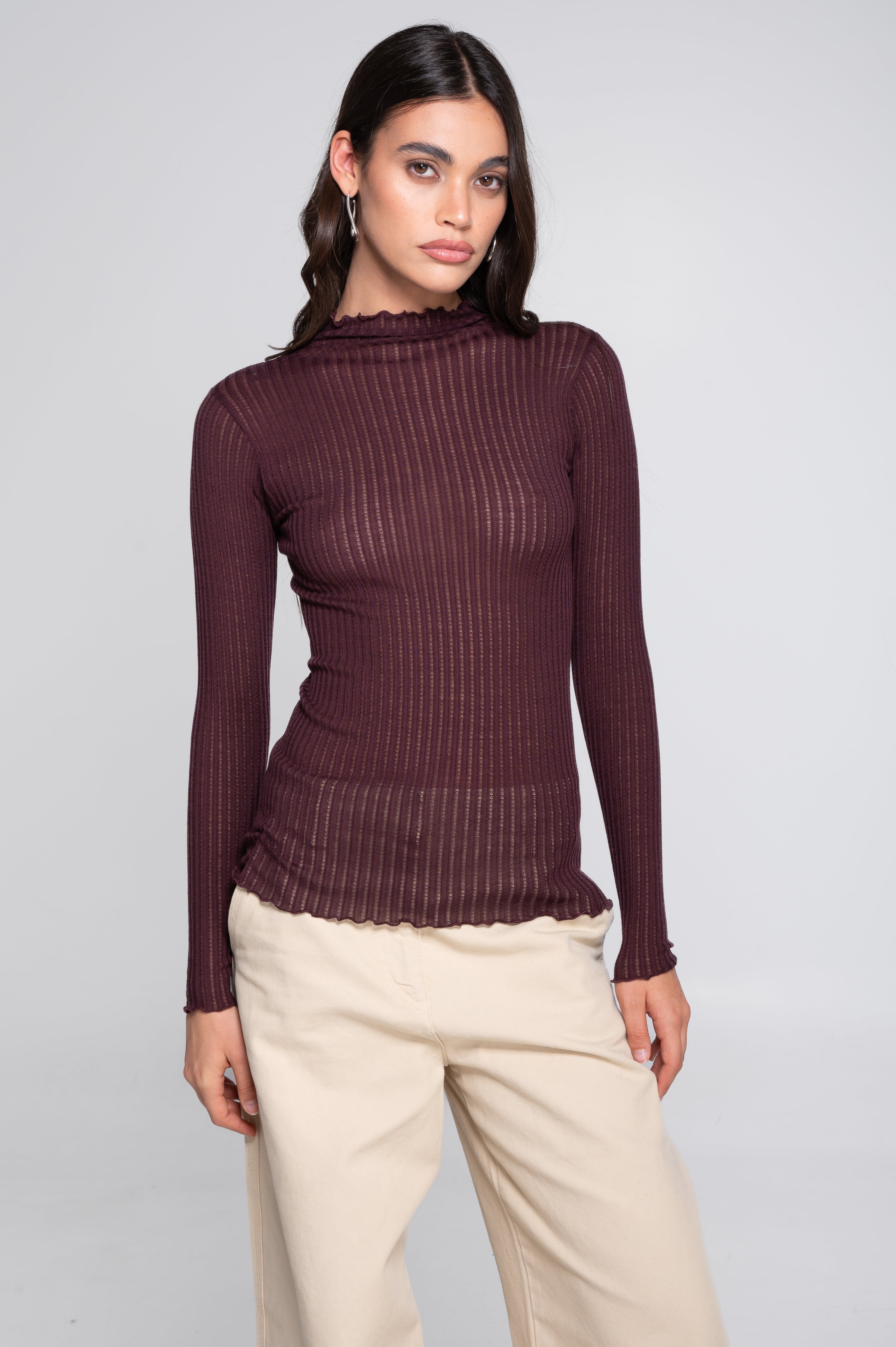 Long sleeves mock neck shirt in ajouré wool and silk 7494