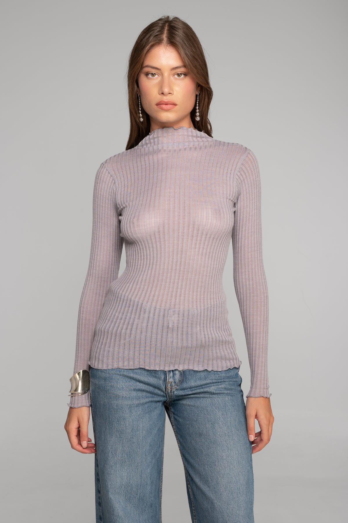 Long sleeves mock neck shirt in ajouré wool and silk 7494