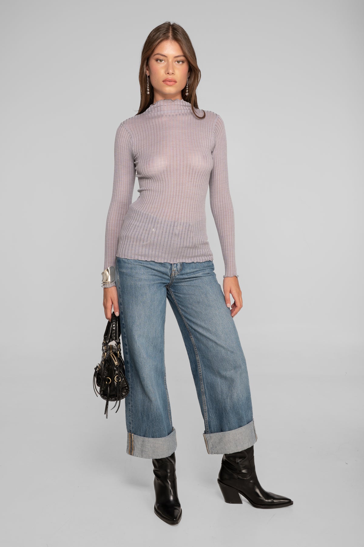 Long sleeves mock neck shirt in ajouré wool and silk 7494