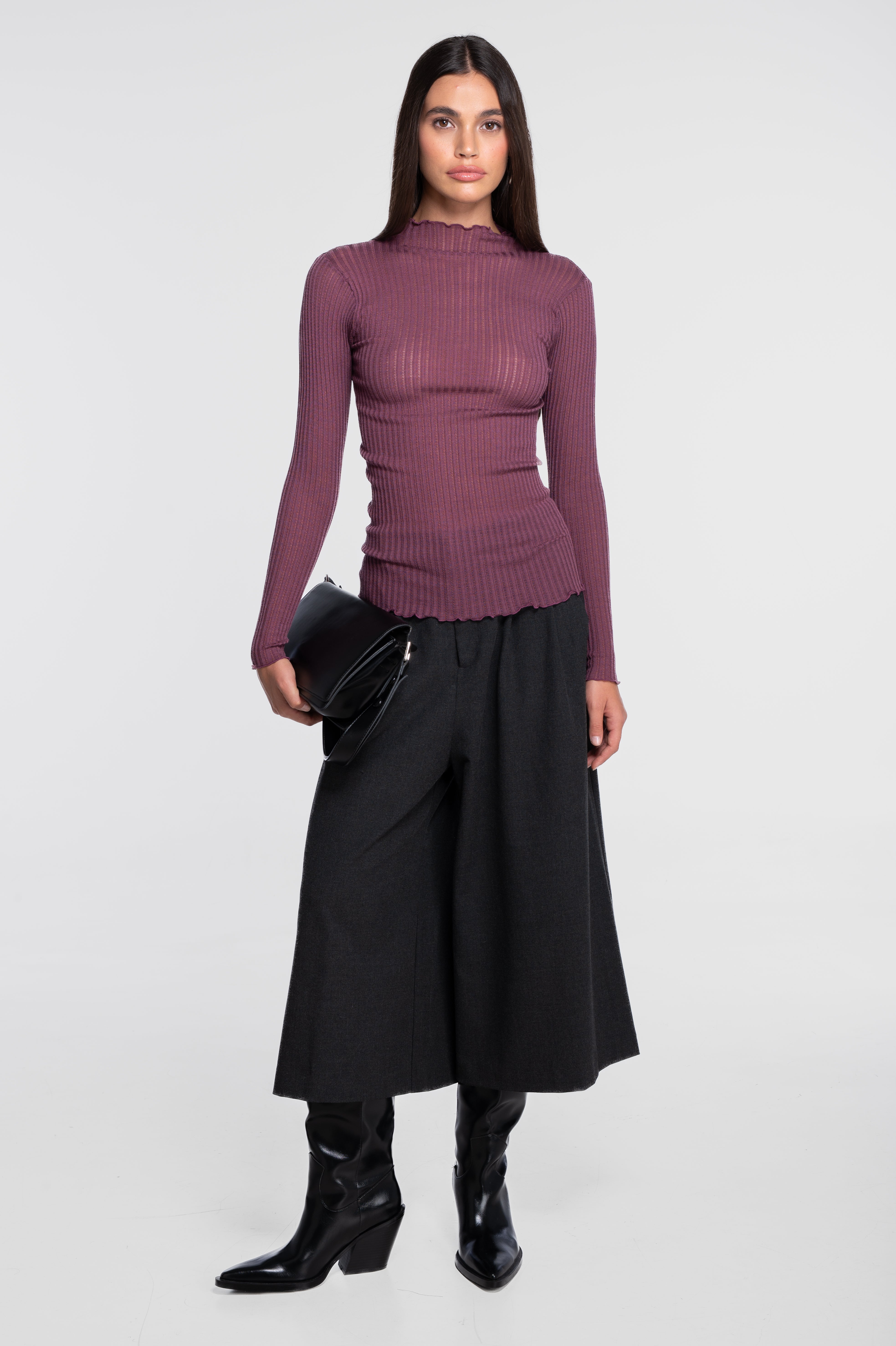 Long sleeves mock neck shirt in ajouré wool and silk 7494