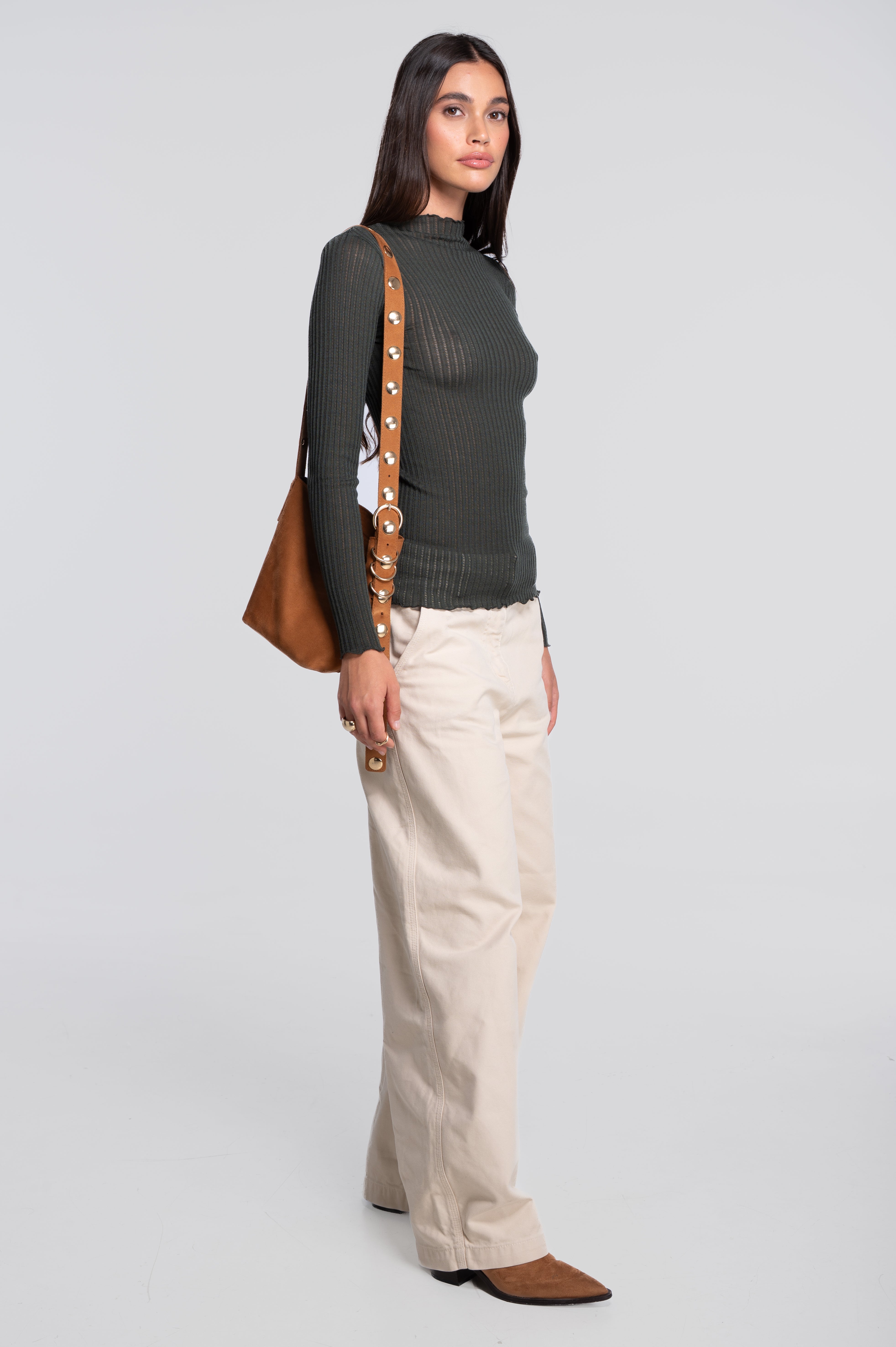 Long sleeves mock neck shirt in ajouré wool and silk 7494