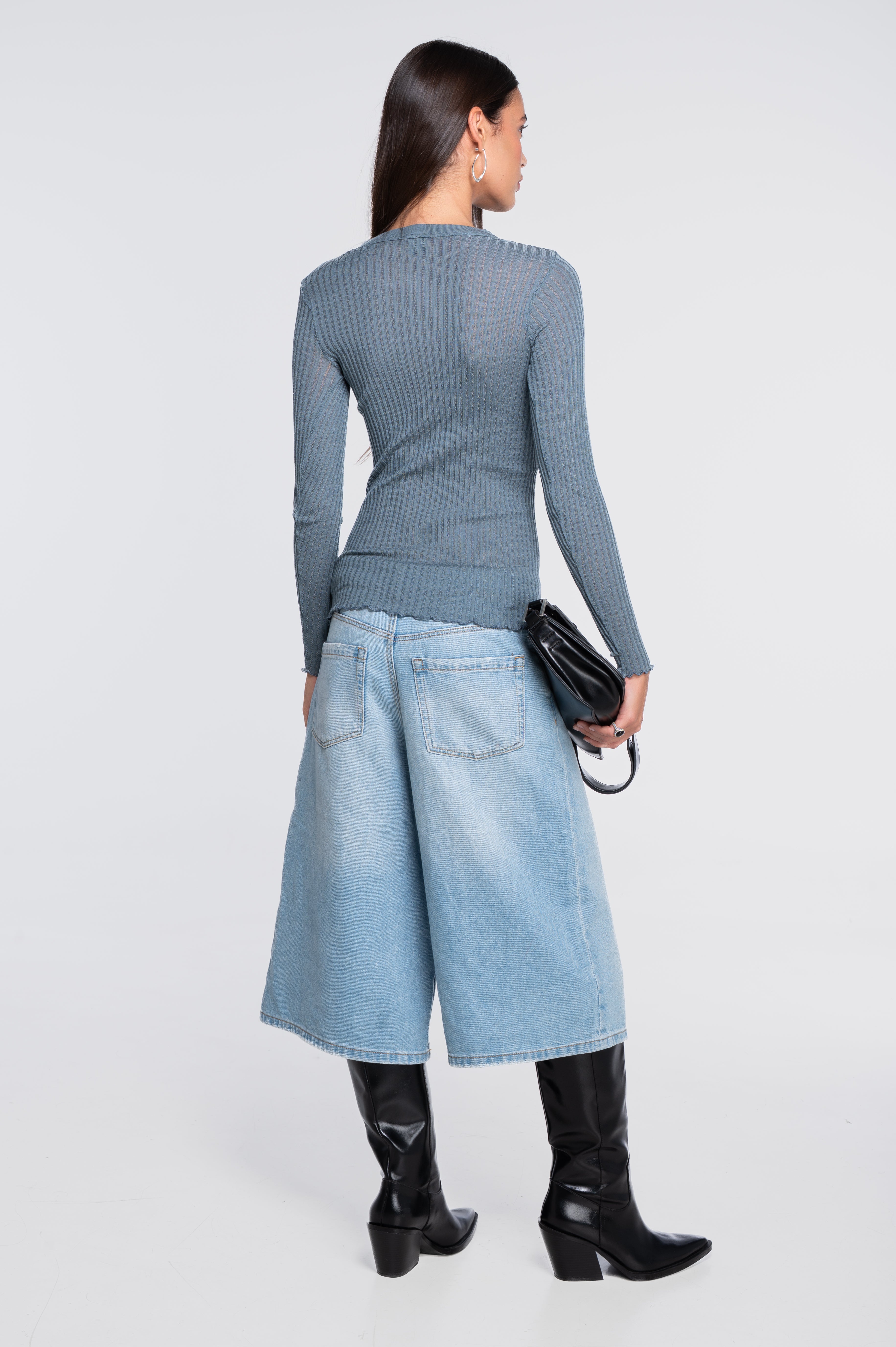 Haut à manches longues col rond en laine ajourée et soie 7496