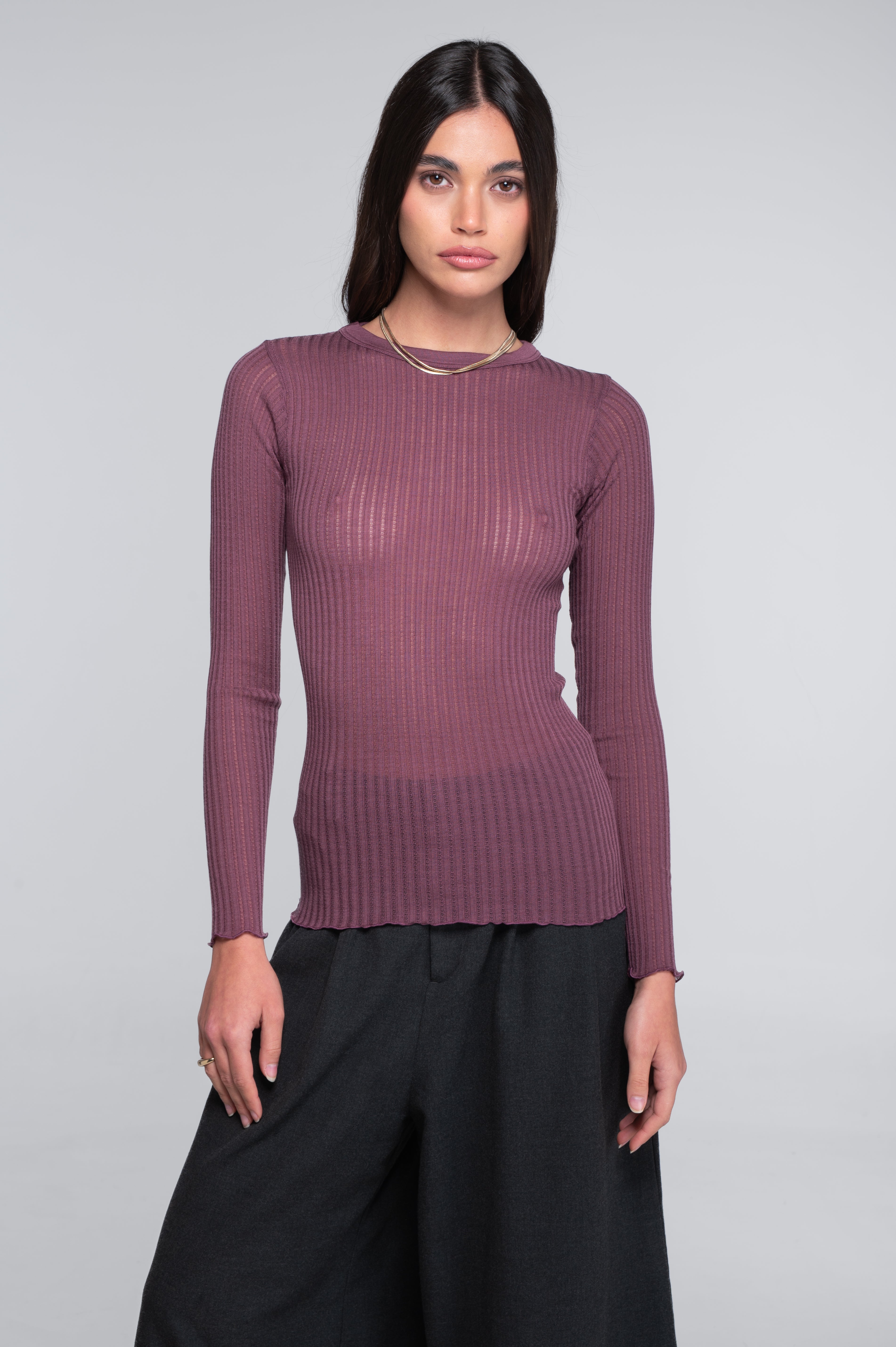 Long sleeves round neck shirt in ajouré wool and silk 7496