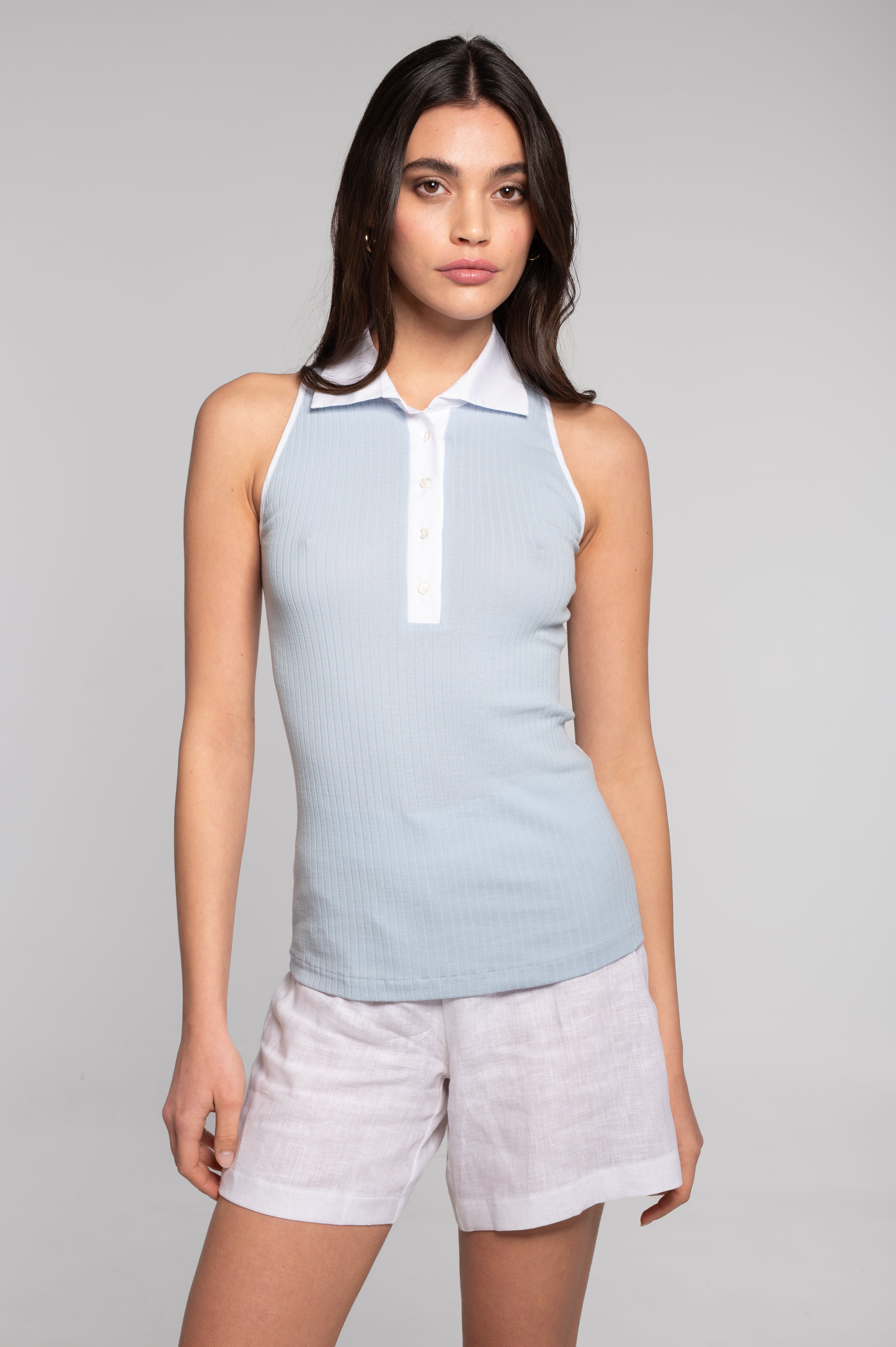 Cotton top with poplin henley neckline 7569
