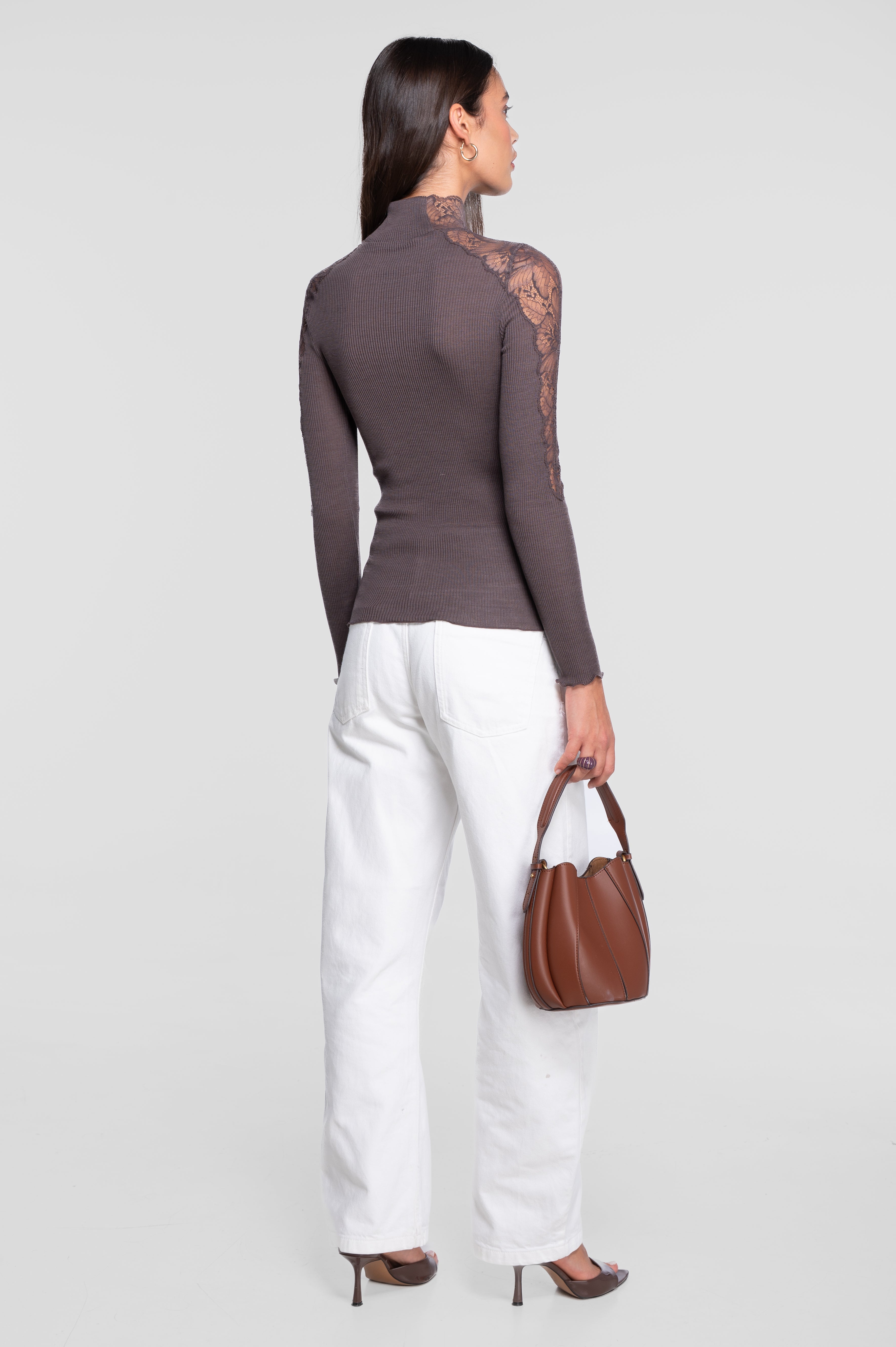 Wool and silk long sleeves mock neck shirt with Leavers lace insert 7613