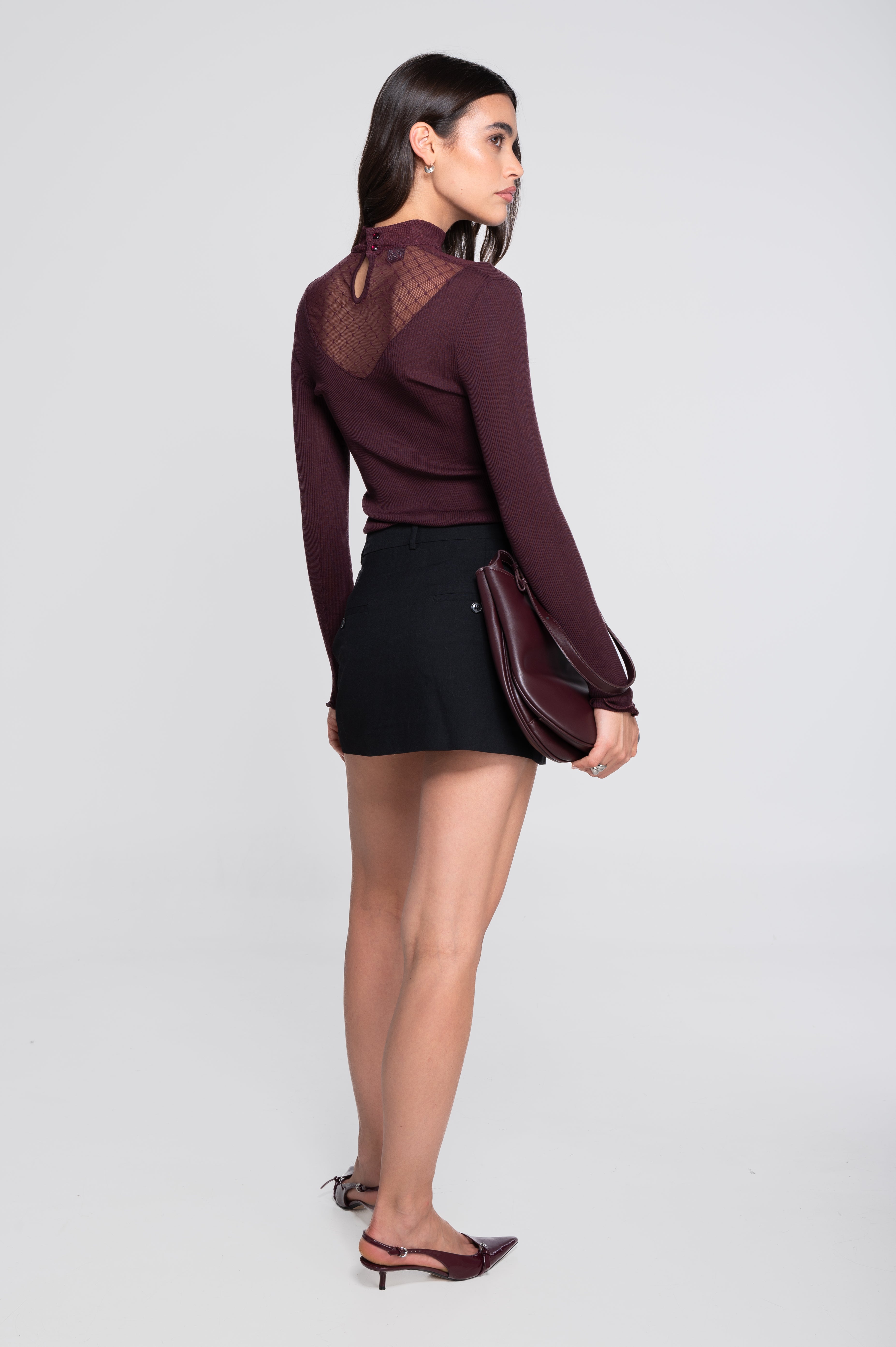 Haut à manches longues et col montant en laine et soie avec laize jacquard à motif losanges 7620