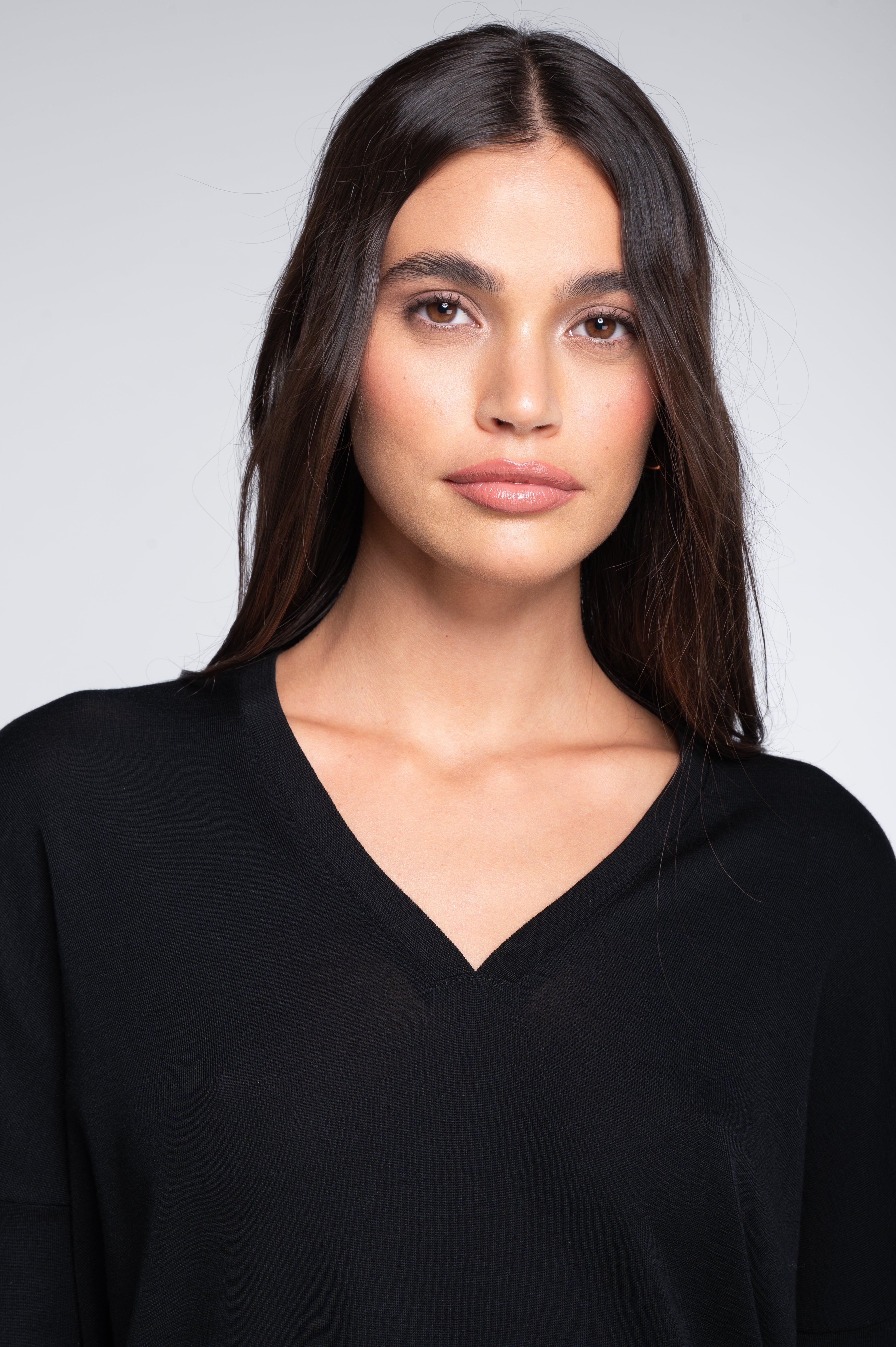 Wool and silk long sleeves V neck shirt 7636