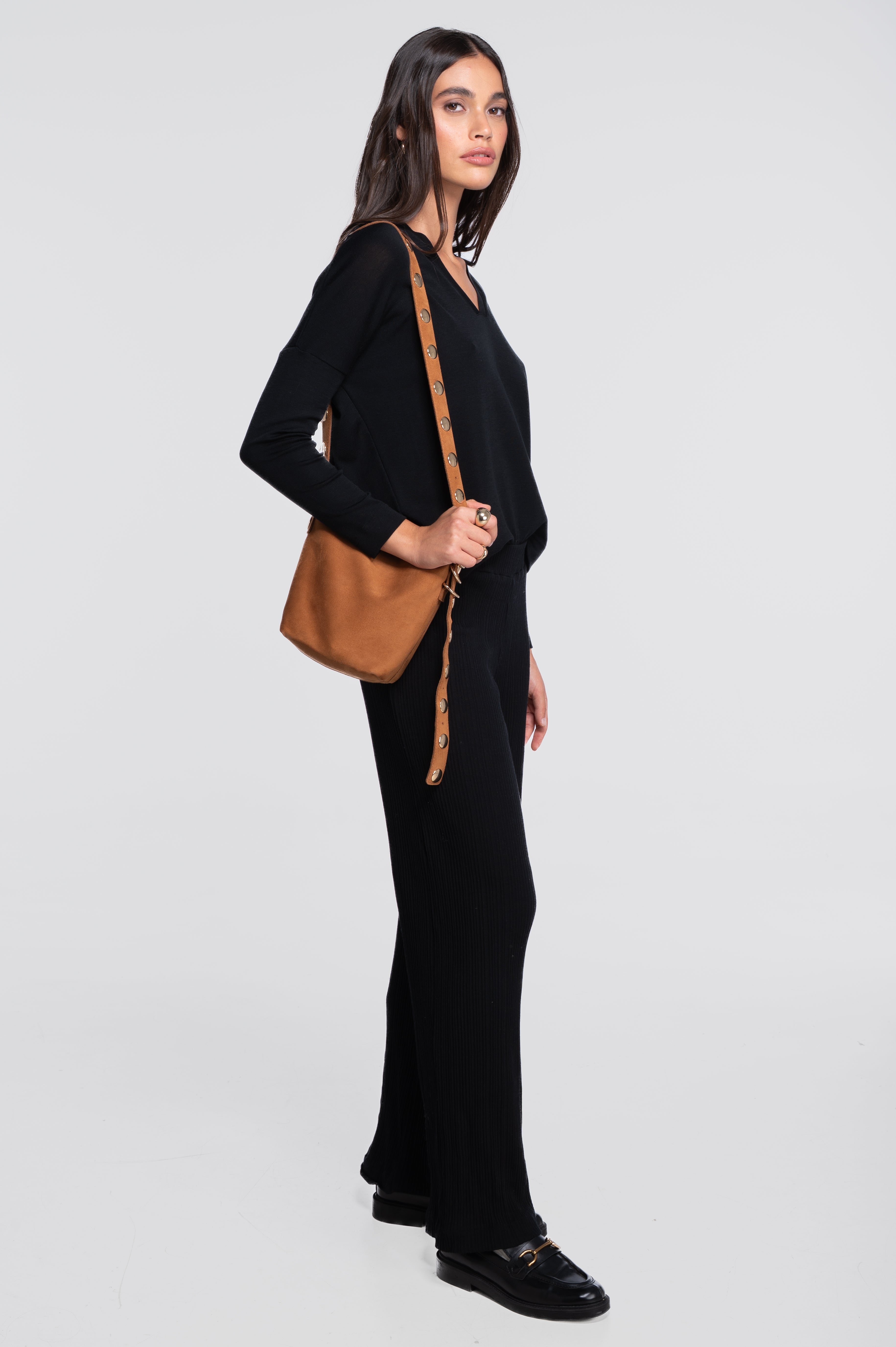 Wool and silk long sleeves V neck shirt 7636